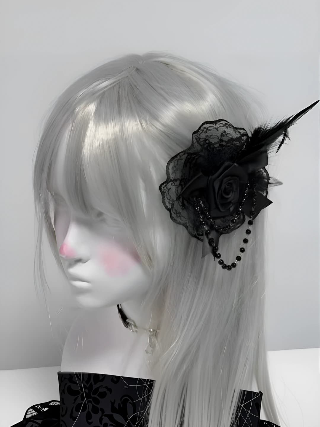 Women's retro hair clip with rose, lace and faux feather
