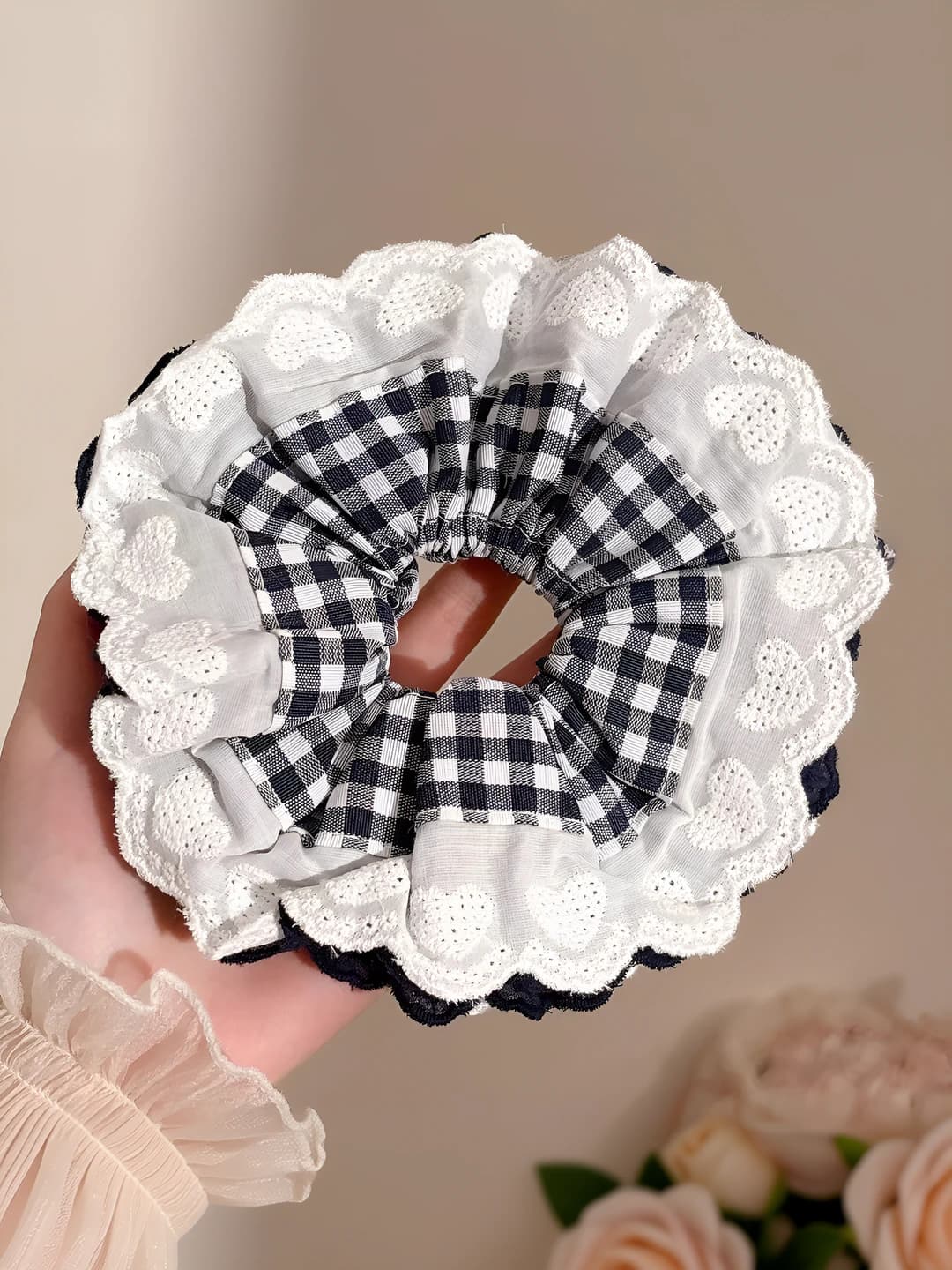 1# Navy small check, heart, lace, 16 cm
