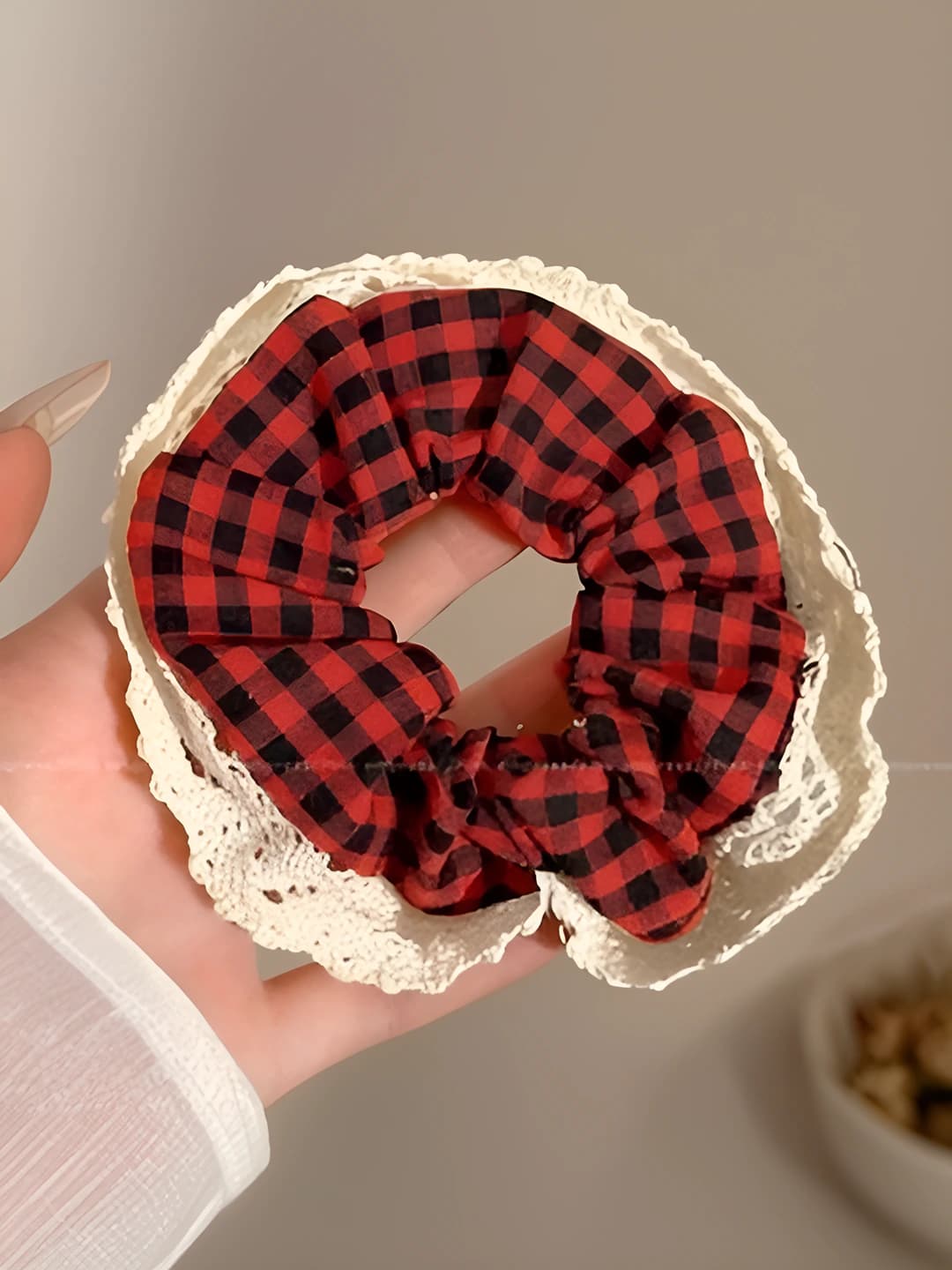Red plaid, lace edge