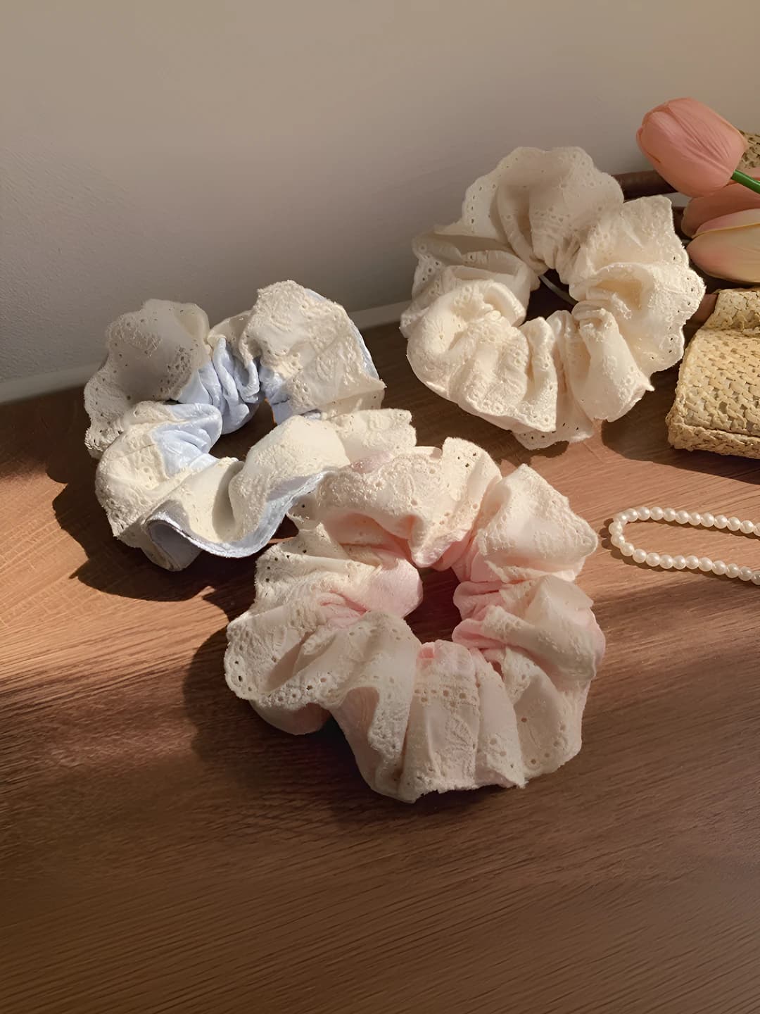 Women's French double-layer lace hair scrunchies, stretch, 2026