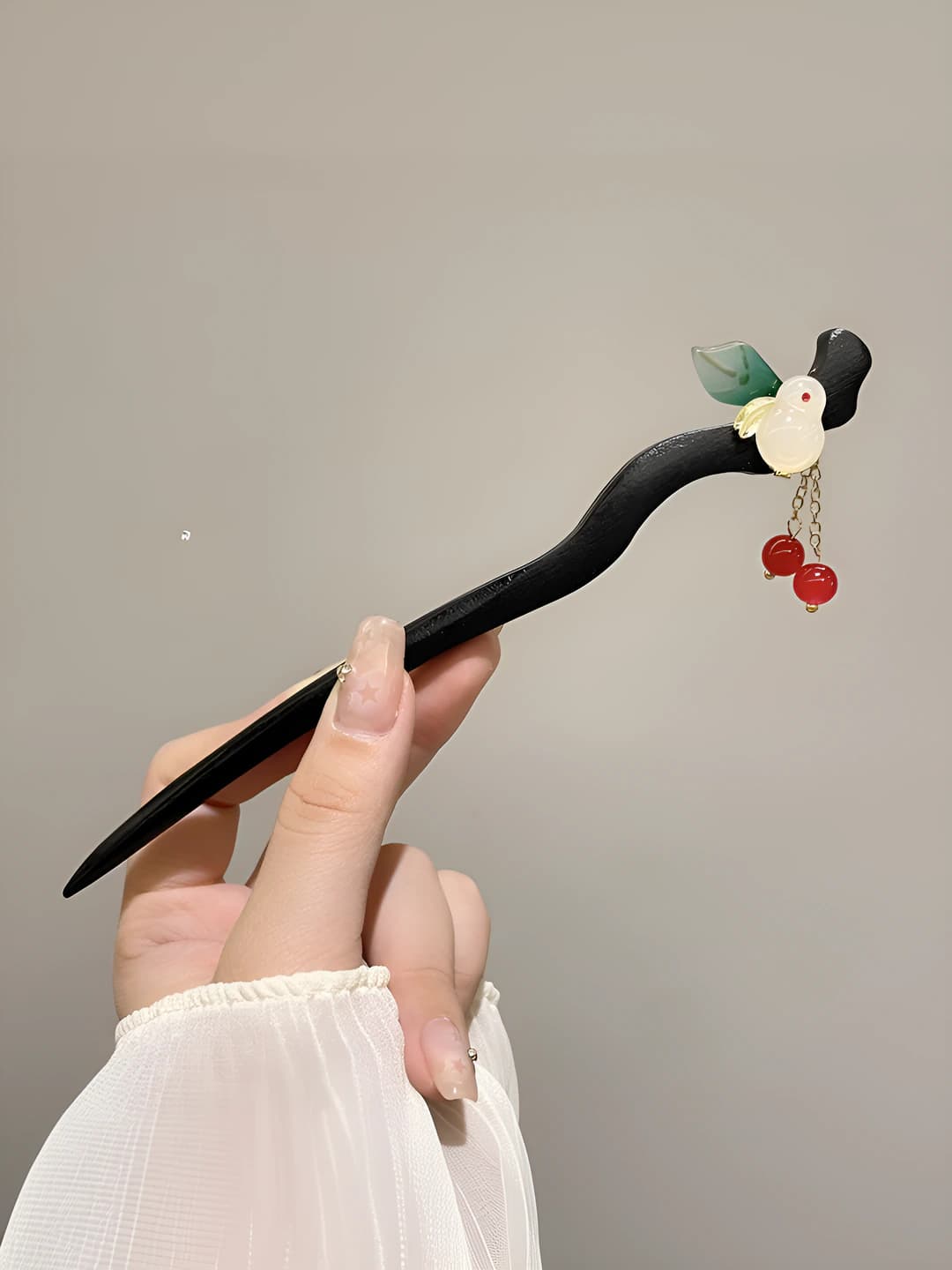 66# Green leaf rabbit tassel red pearl hairpin (bagged) 17cm
