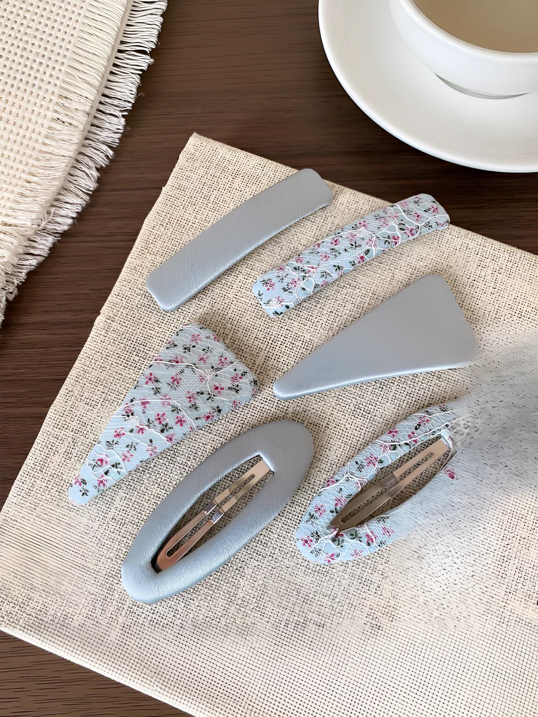 Women's Korean style blue fabric BB hair clips, geometric design, handmade