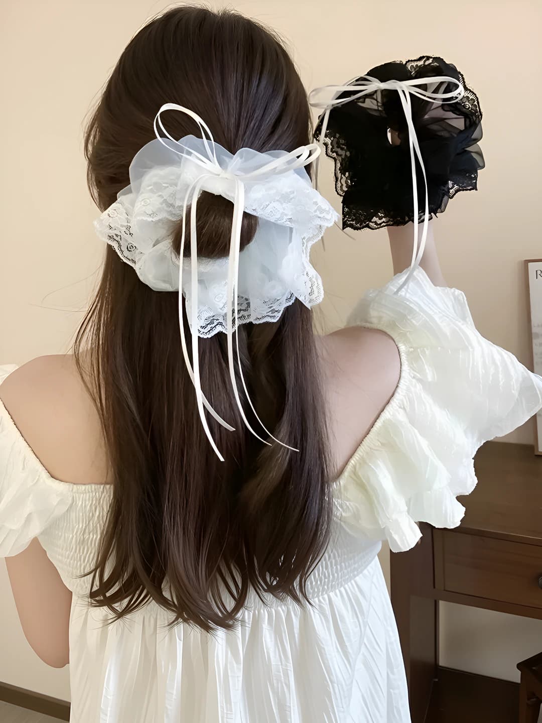 Ayollar uchun krep chizig'li tasma bow scrunchie soch to'g'asi, 2026