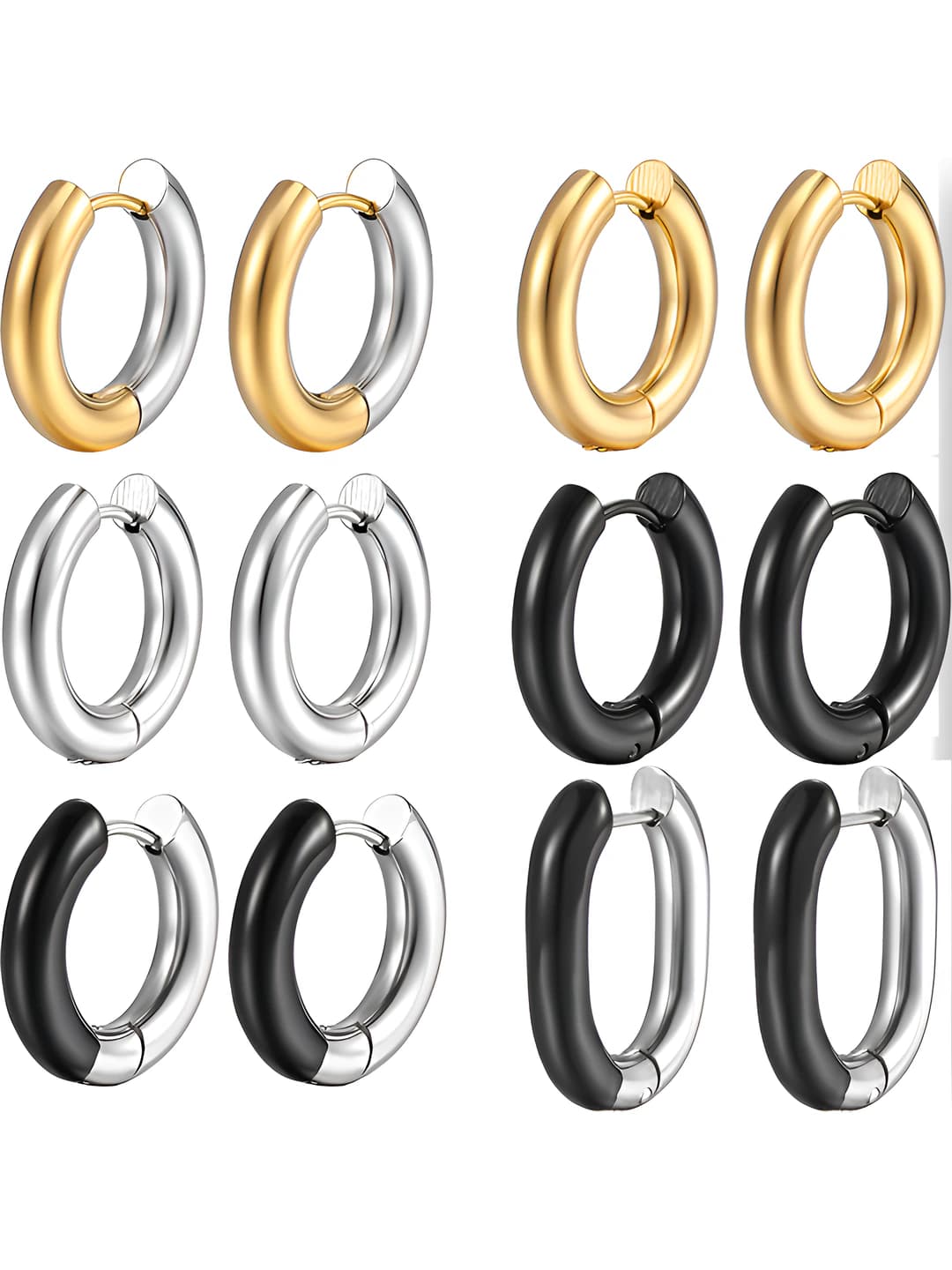 Women's titanium steel stud earrings with black finish and 18K gold plating, round geometric shape