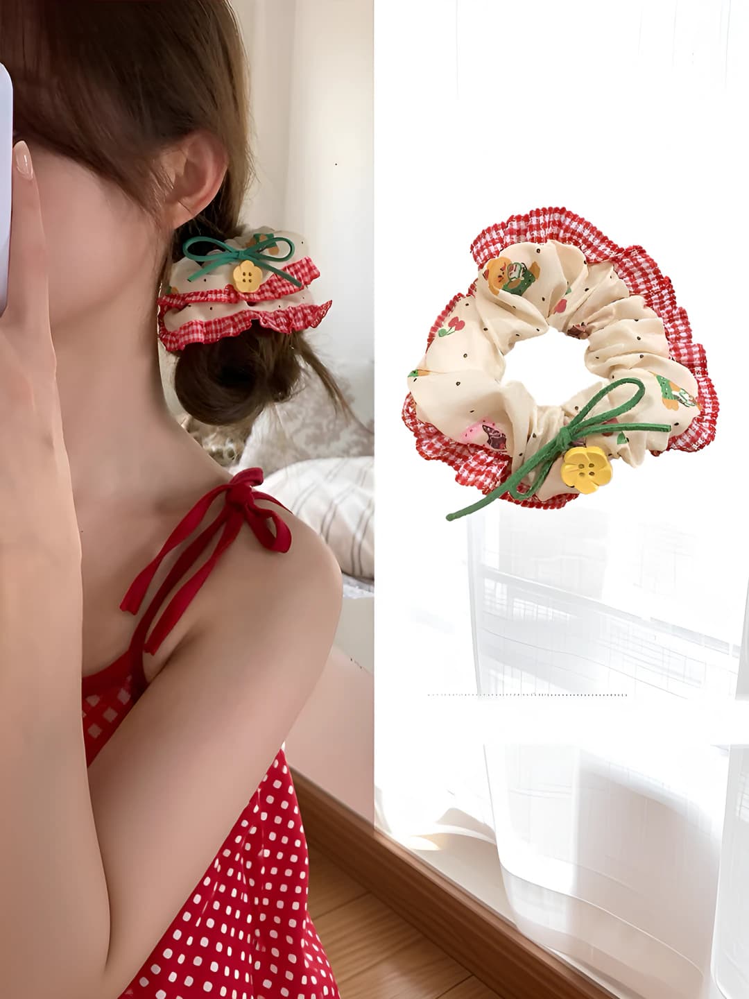 Women's fabric hair tie with lace edge, flowers and bear, high stretch, red color