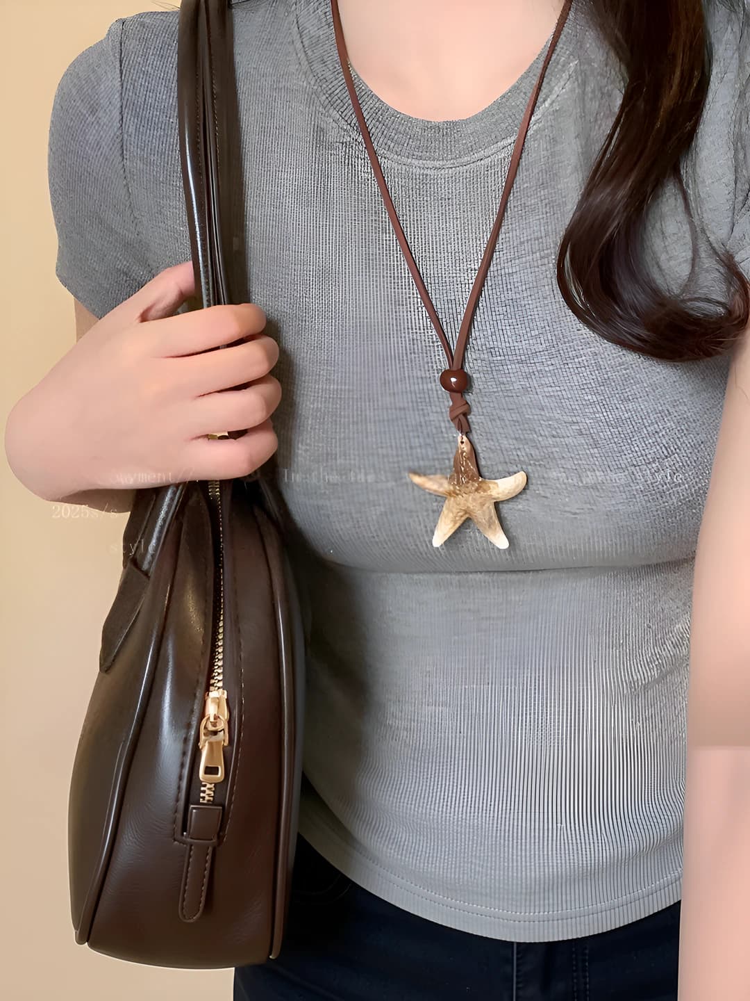 Women's long halter necklace with star-shaped shell pendant for summer