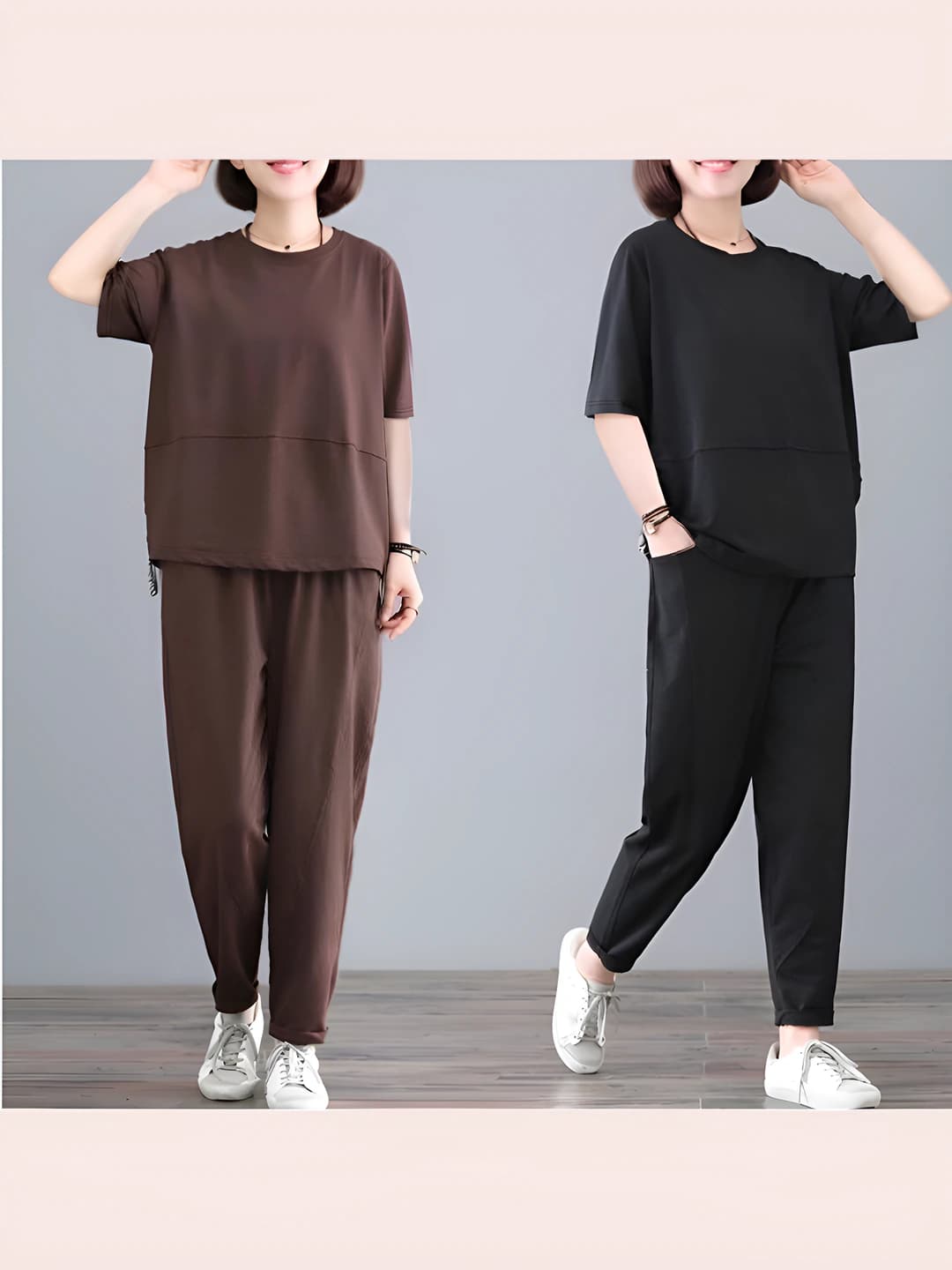 Women's summer casual two-piece set: loose fit t-shirt and trousers, plus size, solid colour