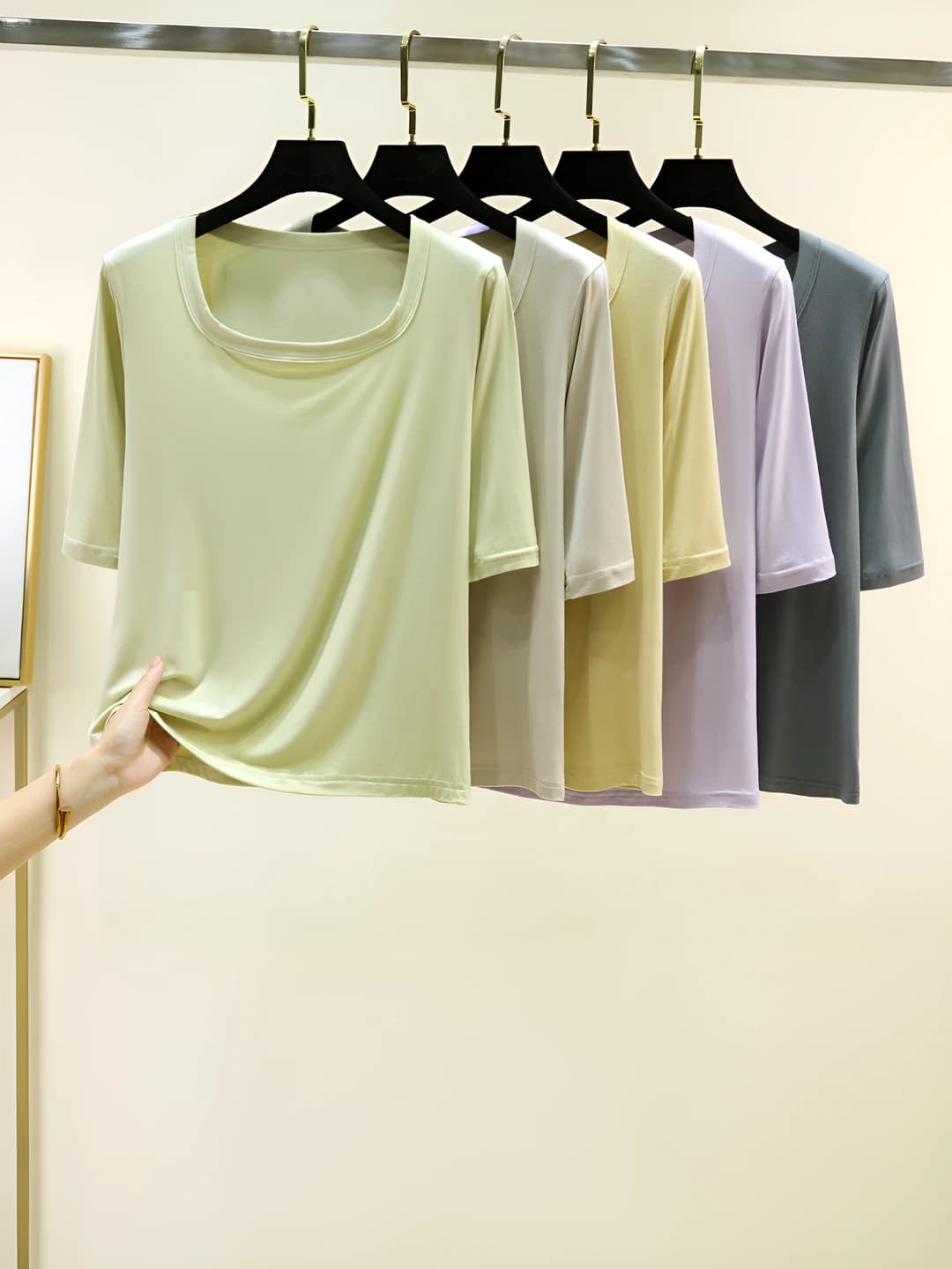 Women's summer thin modal t-shirt, short sleeve, solid colour, square collar, casual style