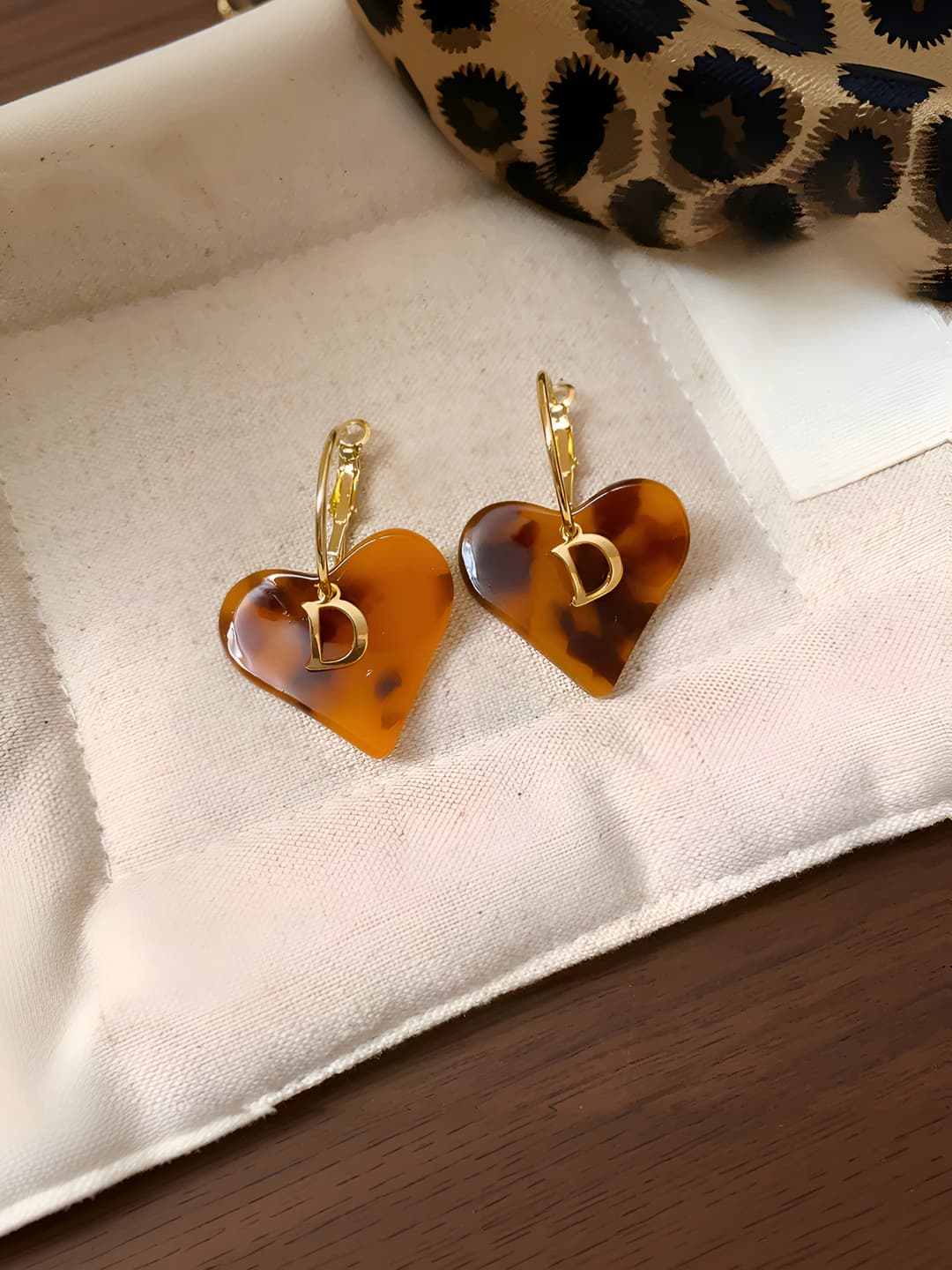 Women's retro leopard print heart letter earrings in coffee color