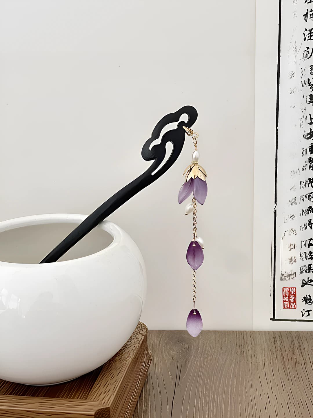 2# Purple flowers, pearl tassels hairpin (18 cm)