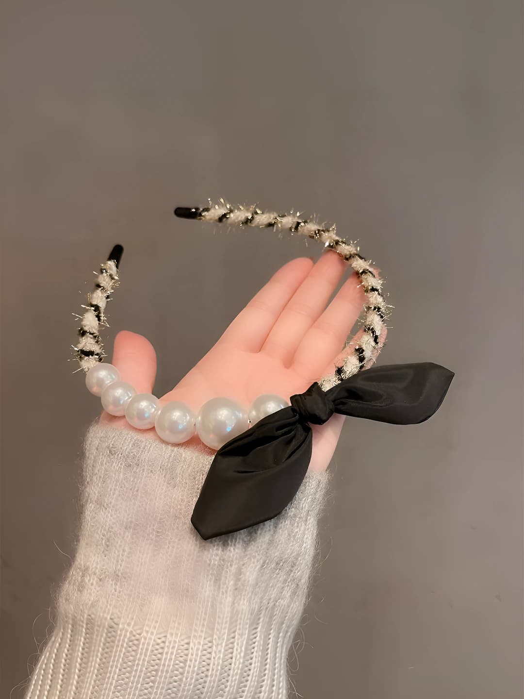 Women's pearl and bow headband: handmade, french style, for short hair
