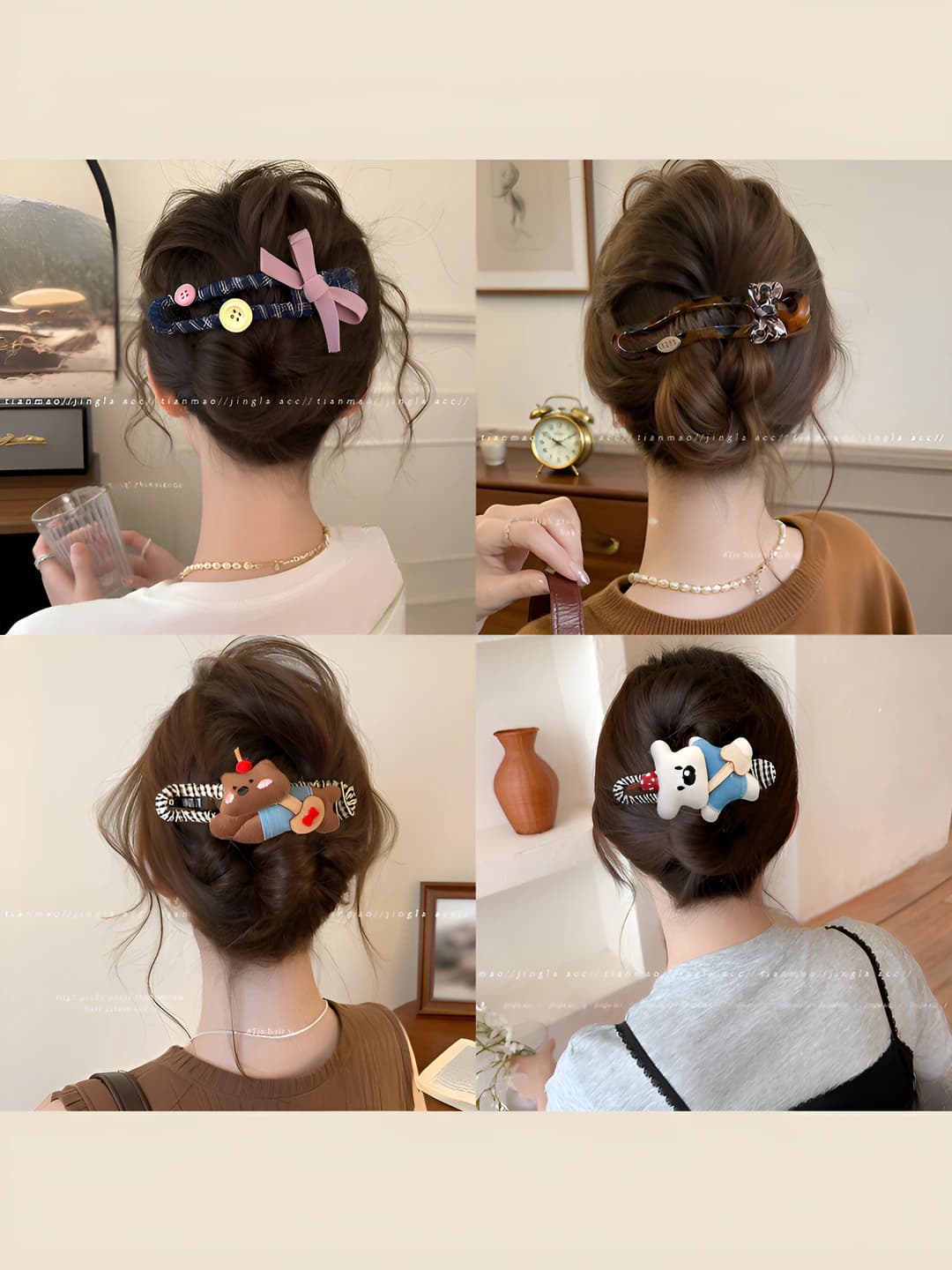 Women's hair clips and combs: preppy style, handmade, mixed material, checkered pattern with contrasting colors, bow-shaped clip