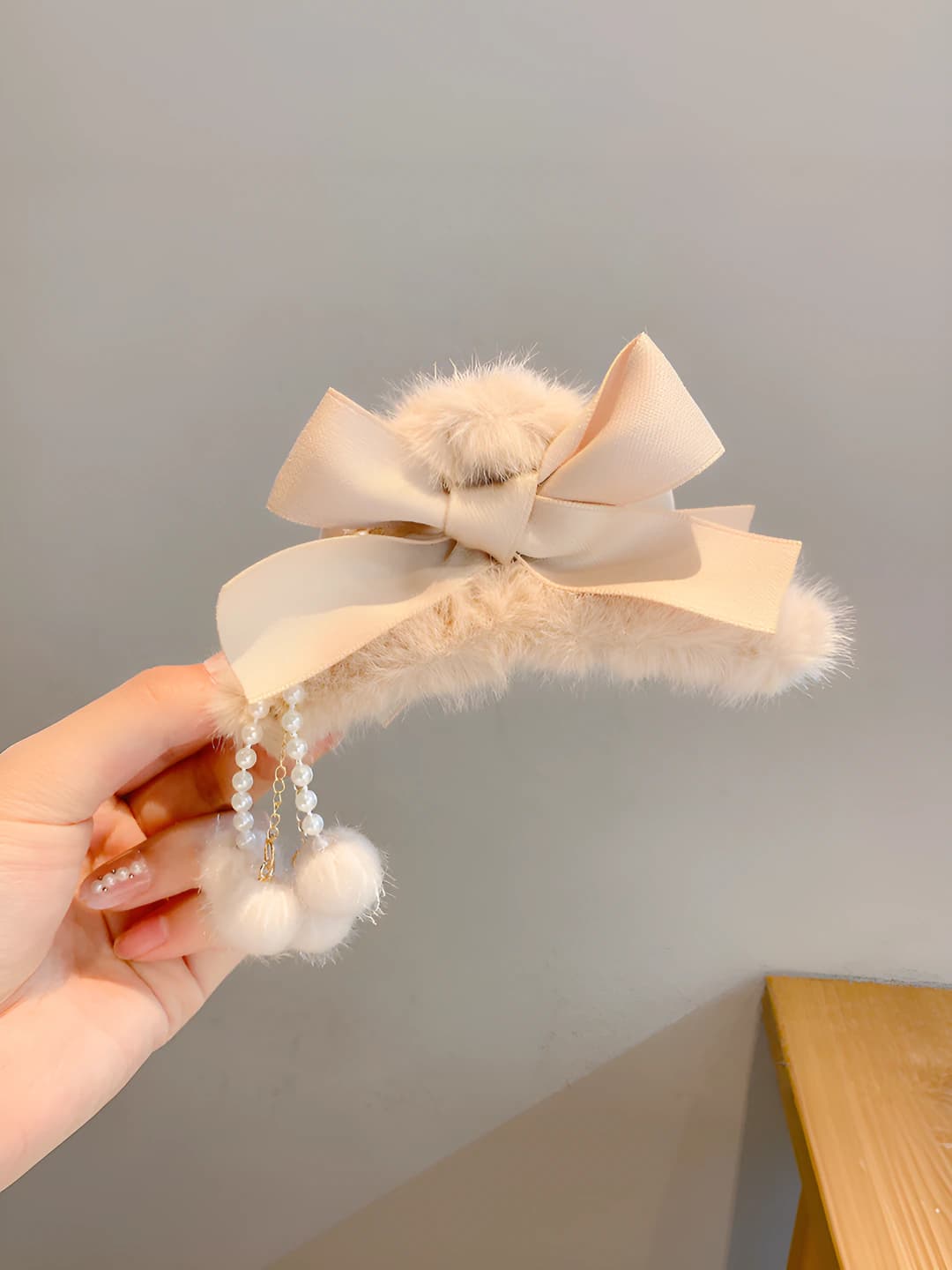 4#Coffee bow pearl pompon-11 cm