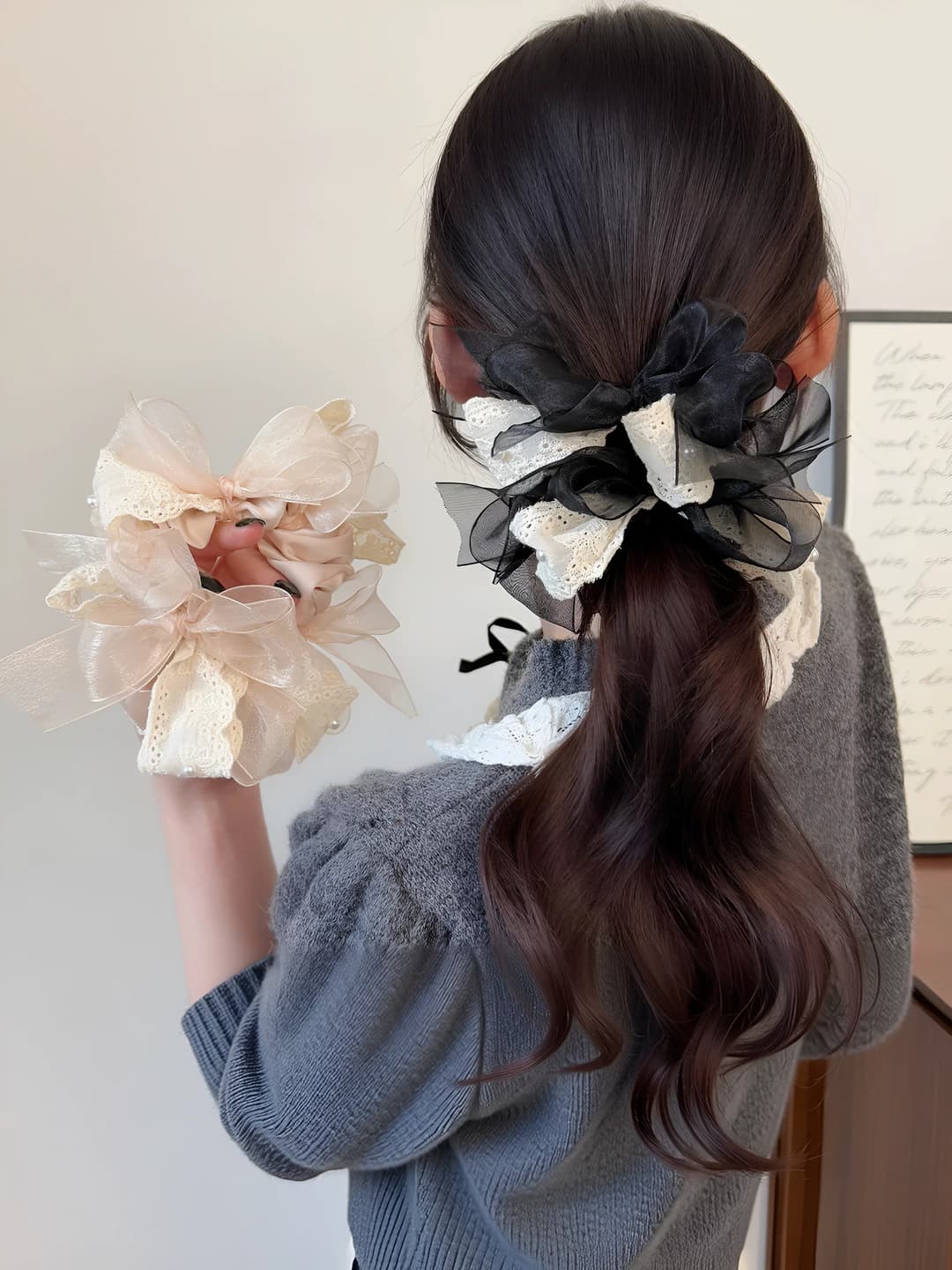 Women's Korean style hair tie, loose fit, fabric with mesh ribbon and bow design for low ponytail