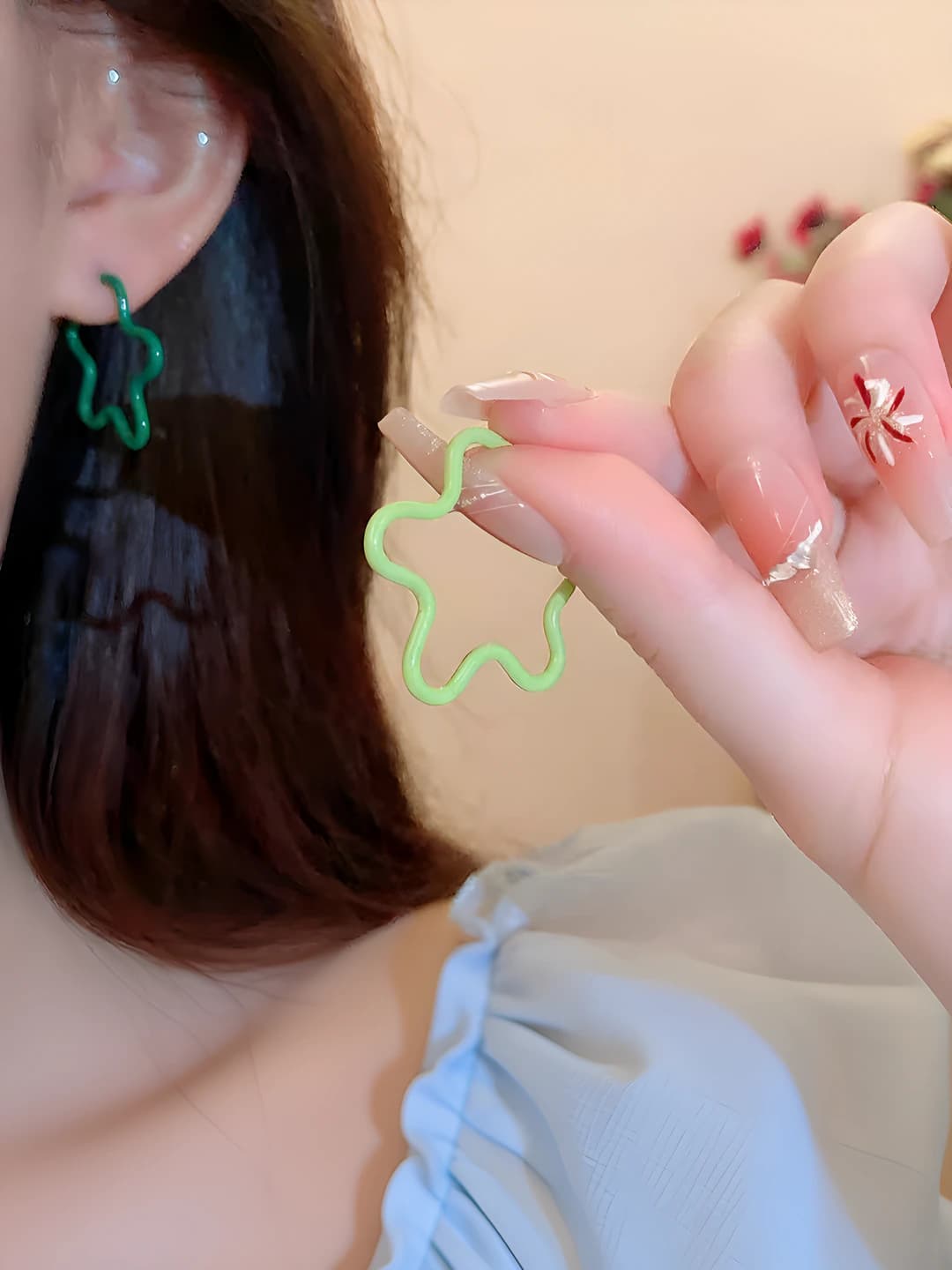 4# Green floral earrings