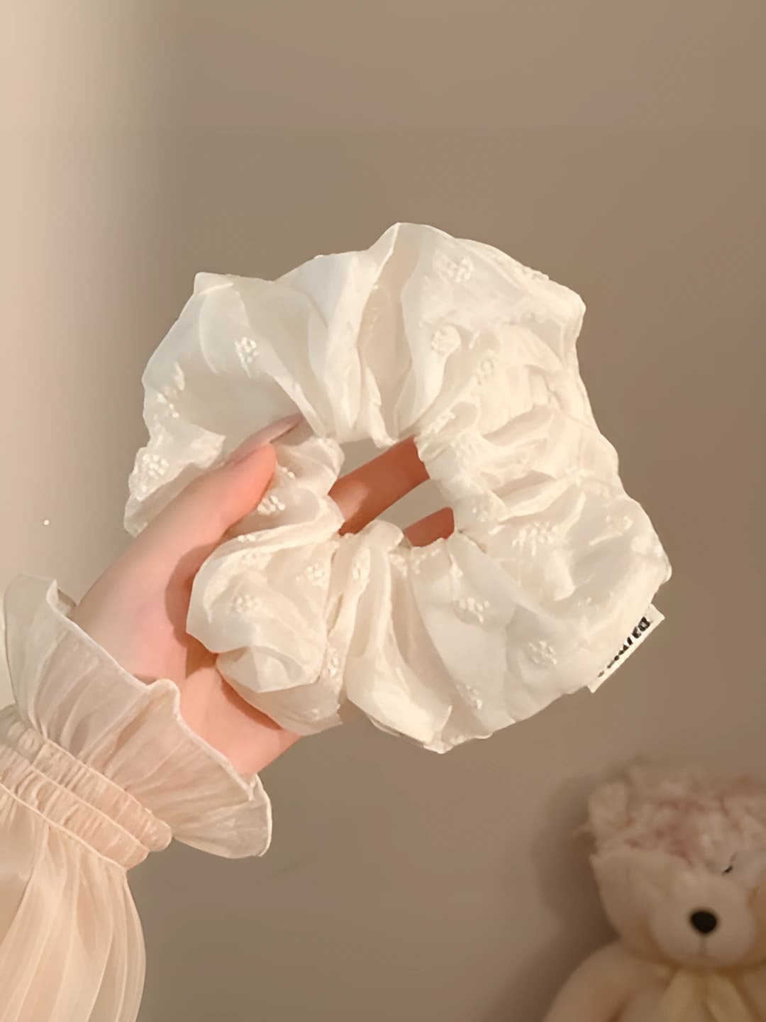 2# Off-white small floral embroidered scrunchie ~16 cm