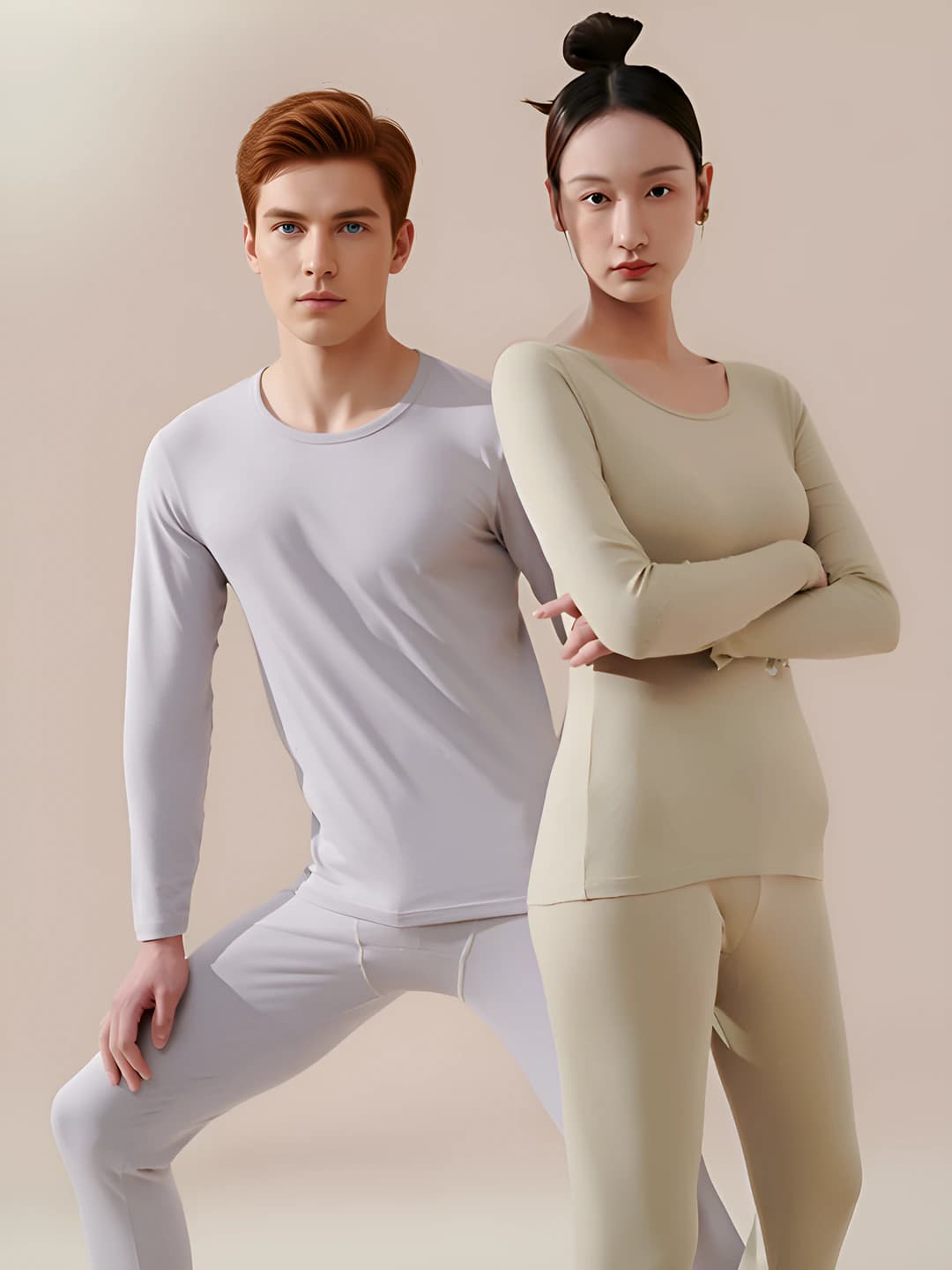 Women's all-cotton thermal underwear set, warm, long sleeve and trousers, solid colour
