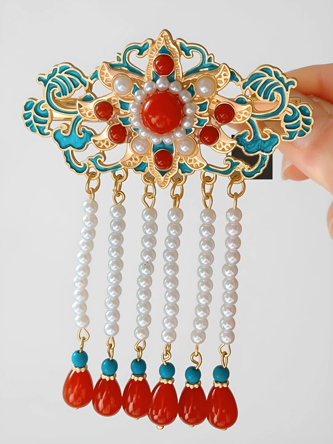 Red Pearl Tassel Hair Clip