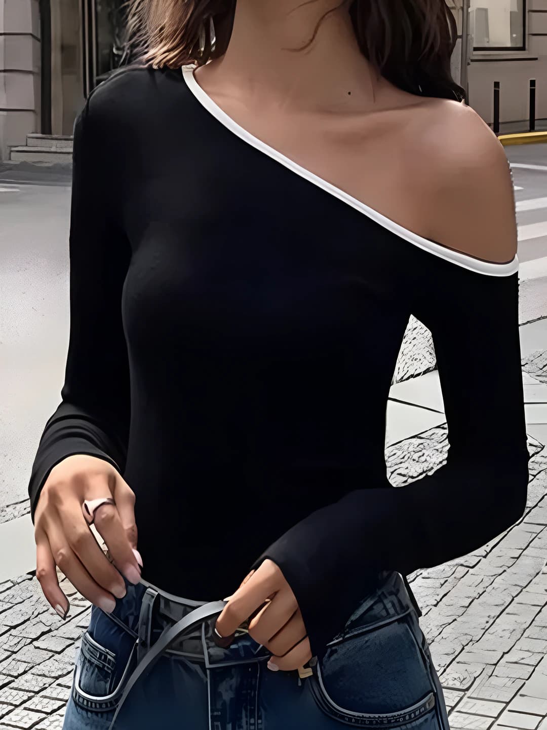 Women's off-shoulder long-sleeve t-shirt, 2026 autumn, slim fit, cropped, color-block, street style
