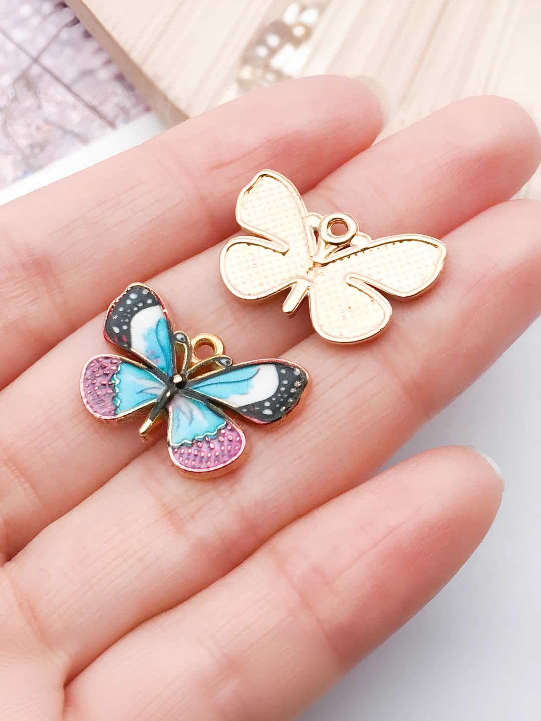 1 pc KC gold blue drop print butterfly 14x22 mm - 1.5 g