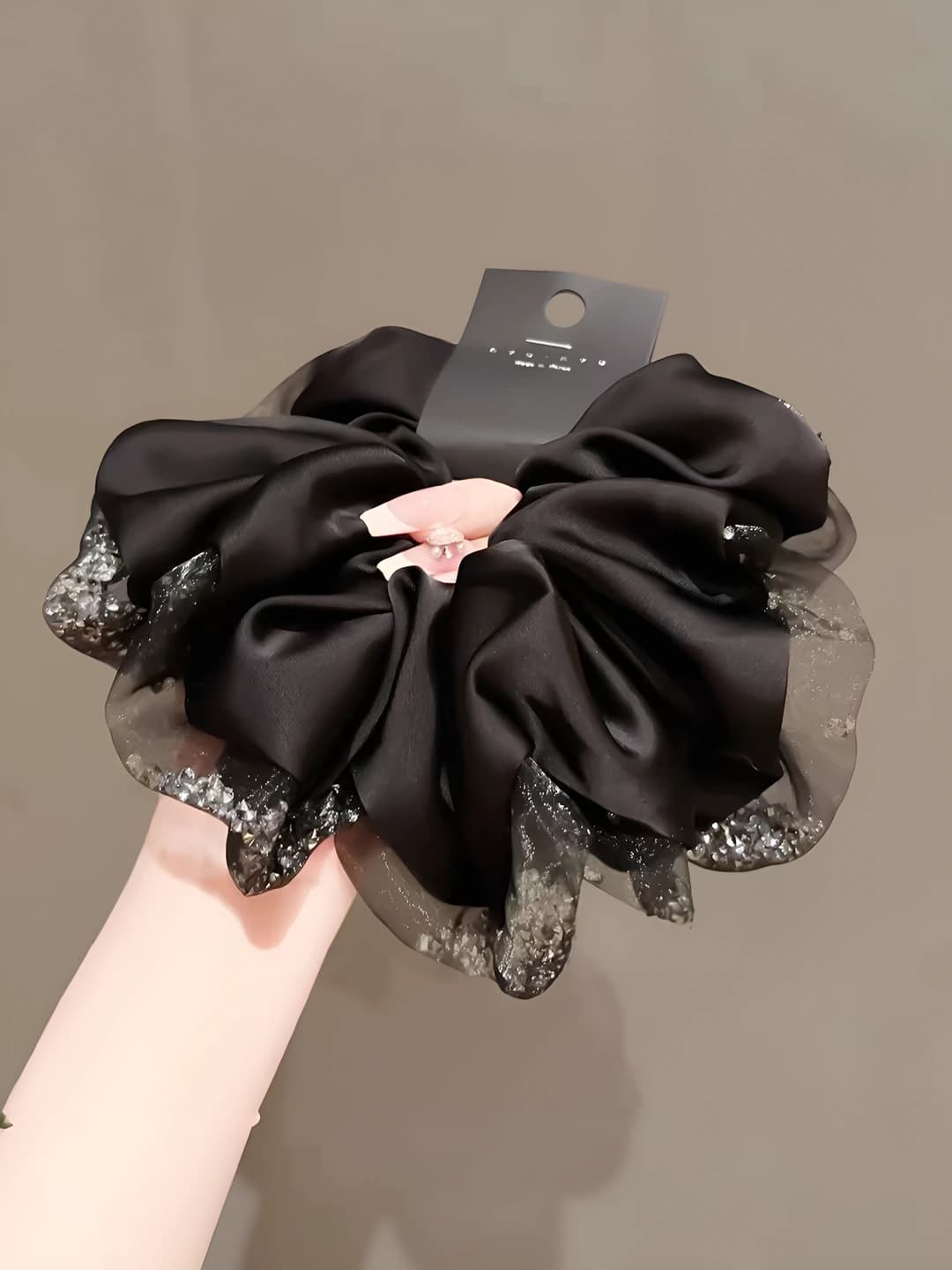 2#Mesh and rhinestone black large scrunchie approx. 16 cm