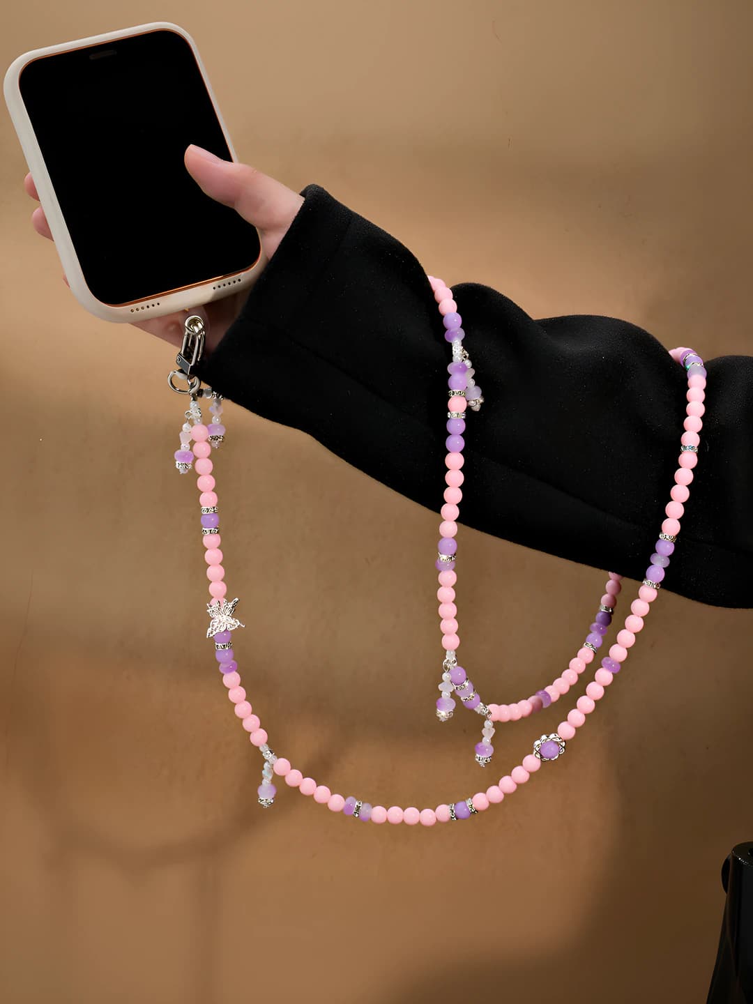Women's long beaded phone strap and bag charm in new Chinese style with handmade butterfly