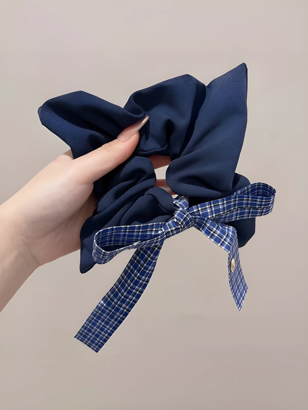 3# Denim hair tie plaid ribbon 22 cm