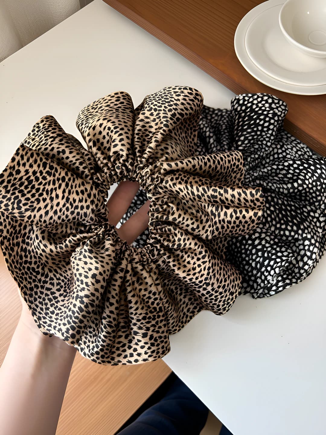 Women's Korean style leopard print satin scrunchie hair tie loose fit
