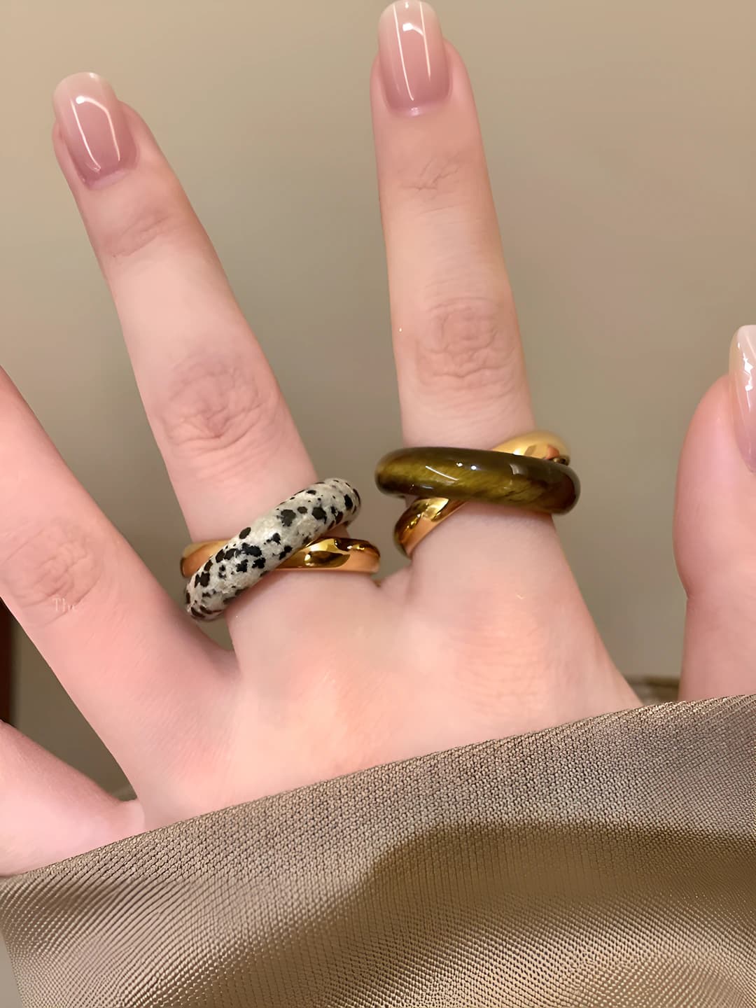 Women's tiger eye double ring, geometric shape, handmade, simple style