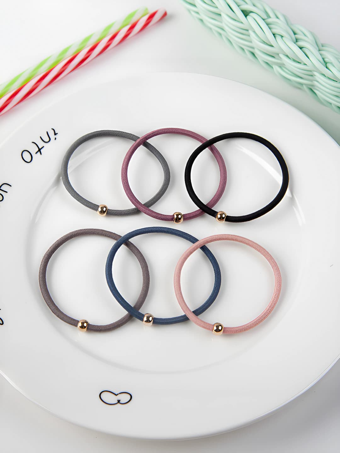 Women's stretch hair ties: 10 pcs, with small gold beads, simple style, braiding style, cartoon design element