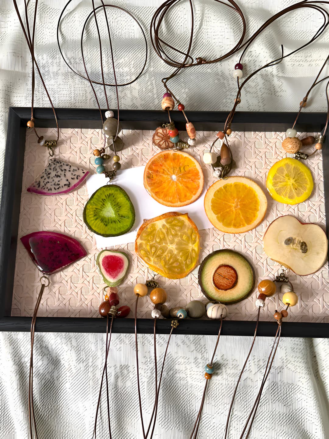 Women's original design fruit-slice resin pendant necklace with dried summer fruits and avocado, 100 cm
