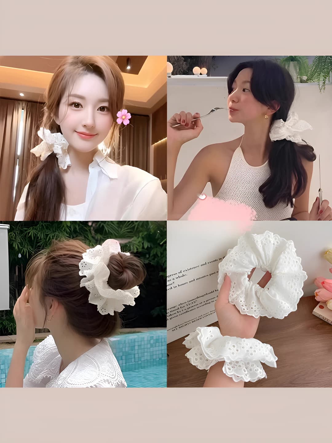 Women's large stretchy cream lace scrunchie, Korean style, handmade fabric hair tie