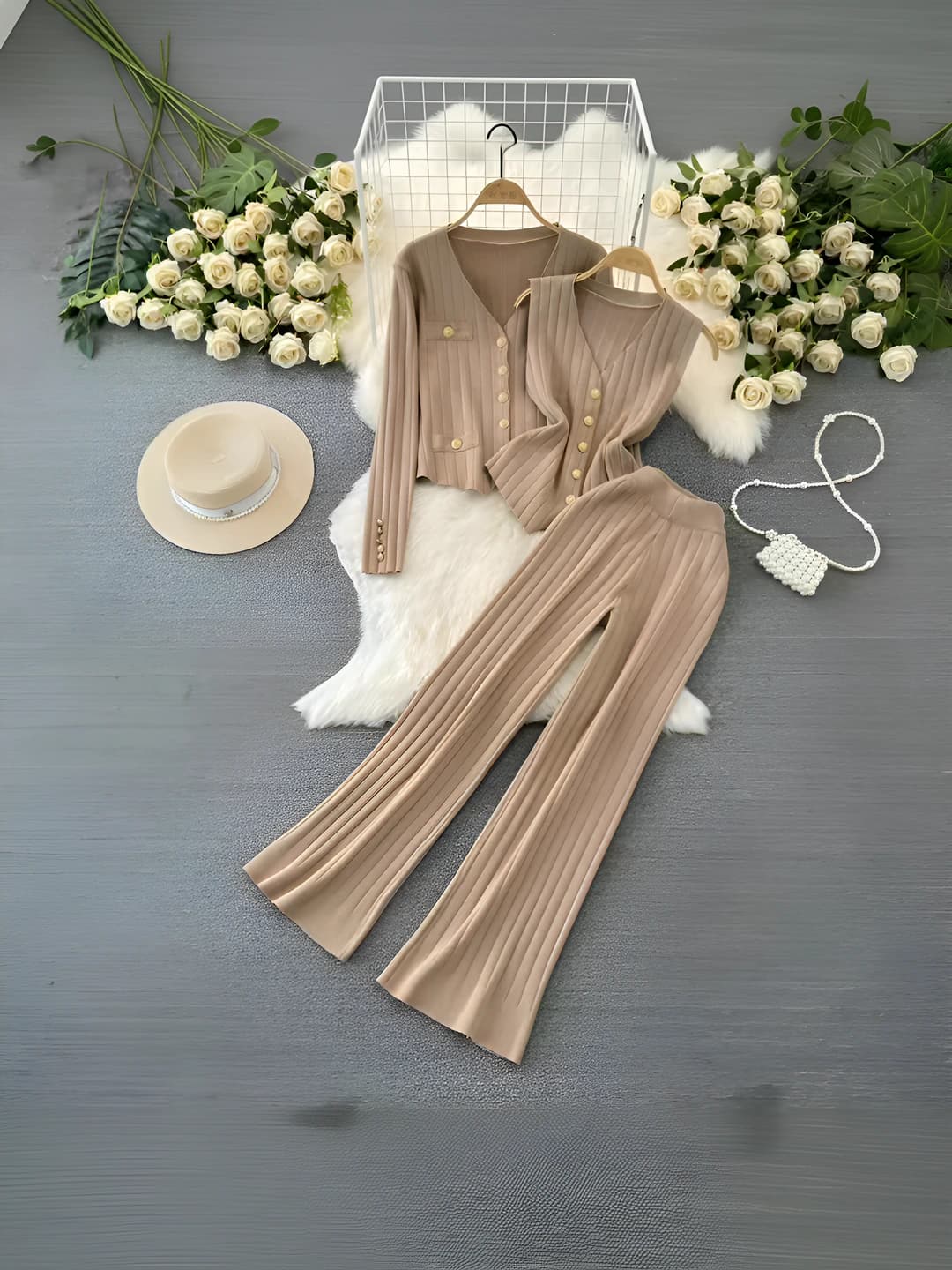 Women's Korean style knitted set: long sleeve V-neck cardigan, tank top, straight cut wide-leg trousers