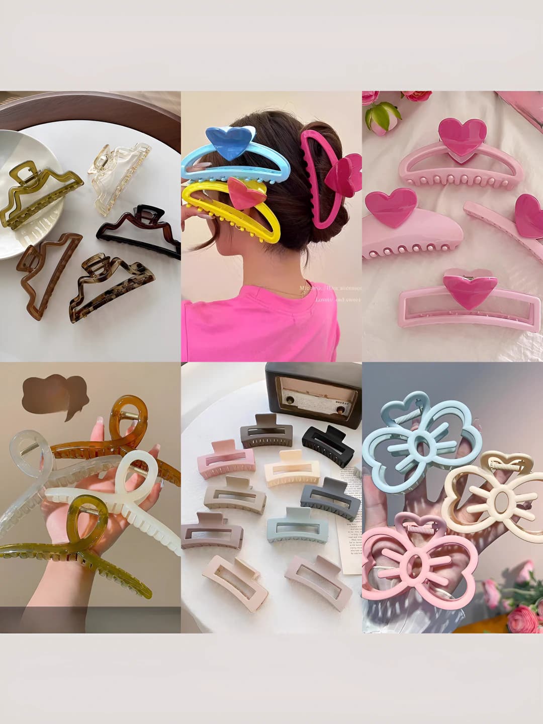 Women's summer hair clips: acrylic, minimalist style, design elements: heart, bow, cross
