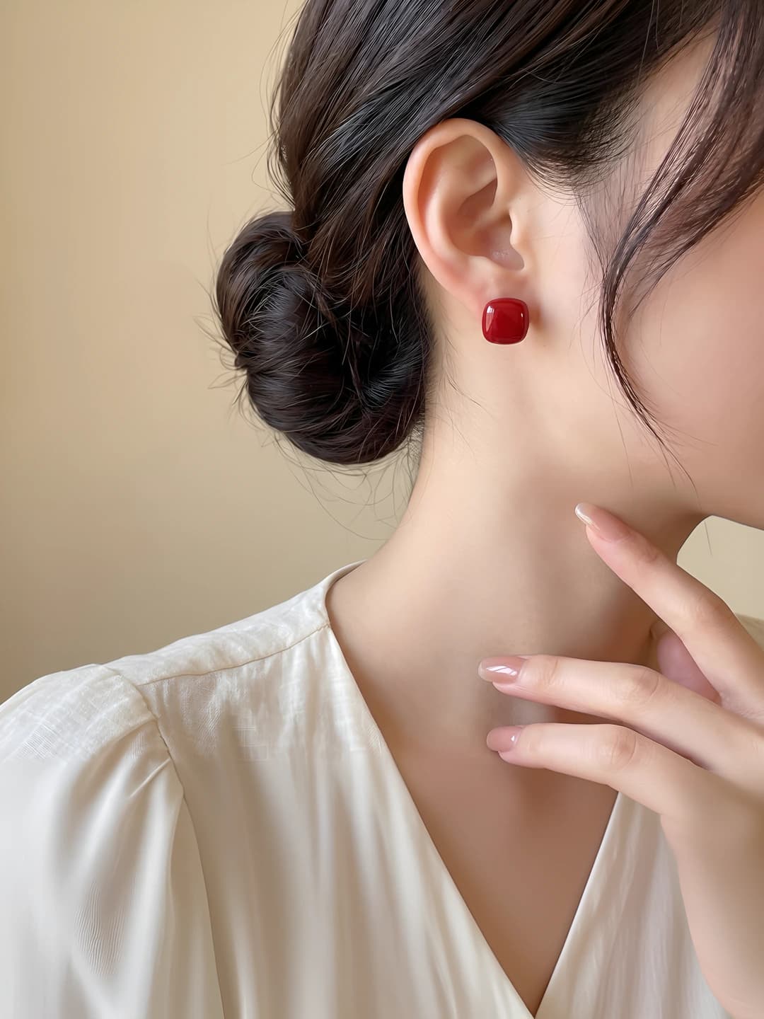 20# Square pearl studs [Ankara red]