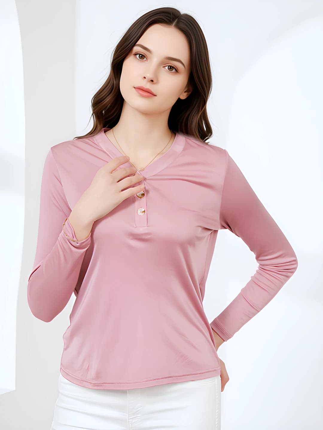 Women's autumn silk long-sleeve base top, long sleeve, V-neck, slim fit, plus size, solid colour