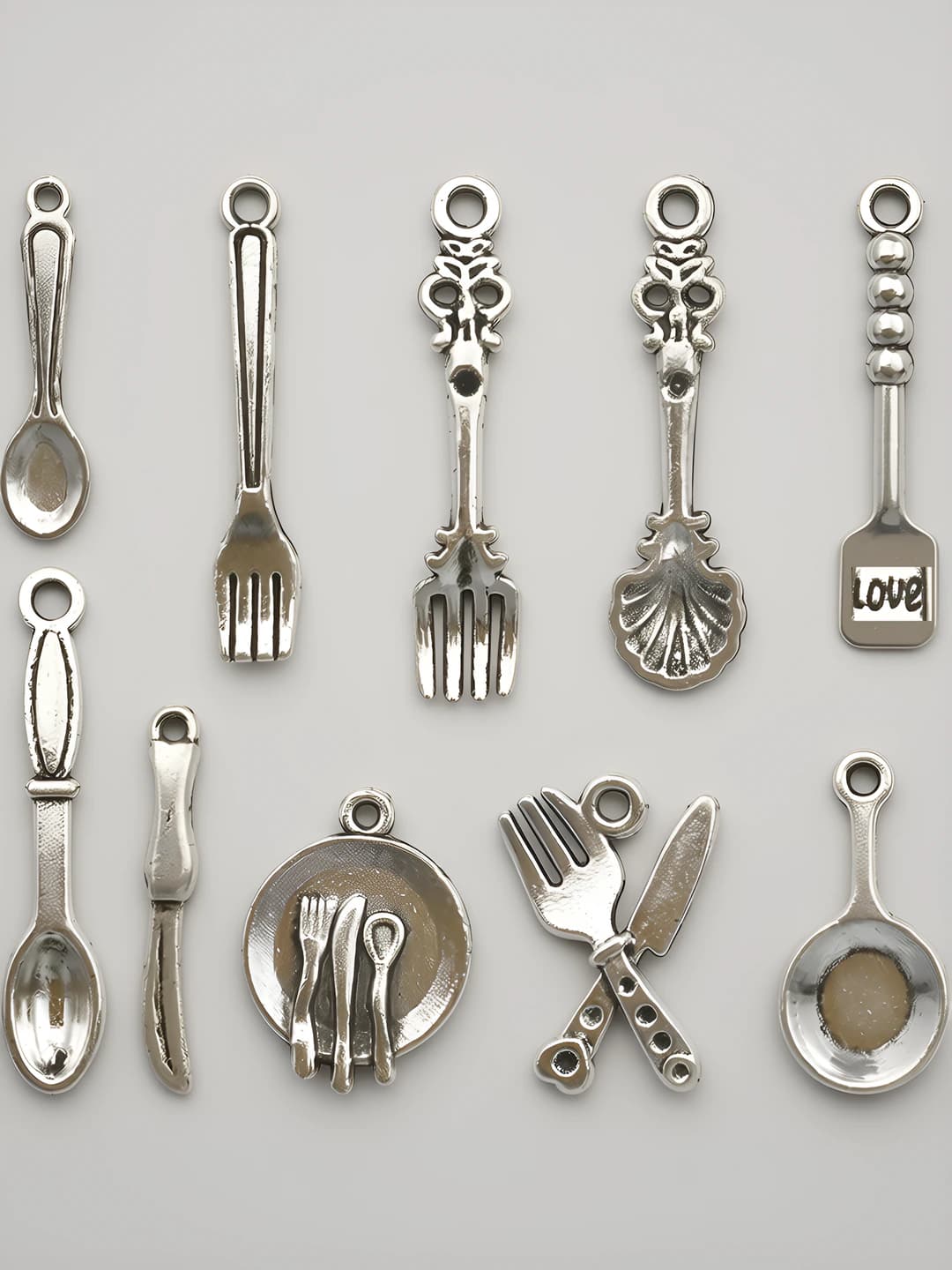 Women's DIY cutlery charms (spoon, fork, knife, plate pendants), dark silver color, set of 100 pcs