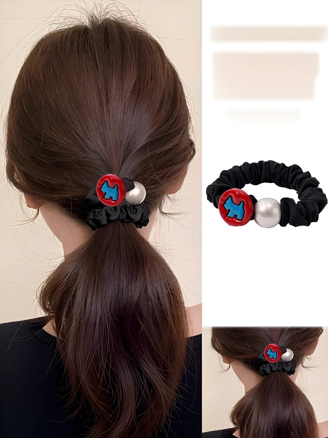Blue dog, red button, pearl, black