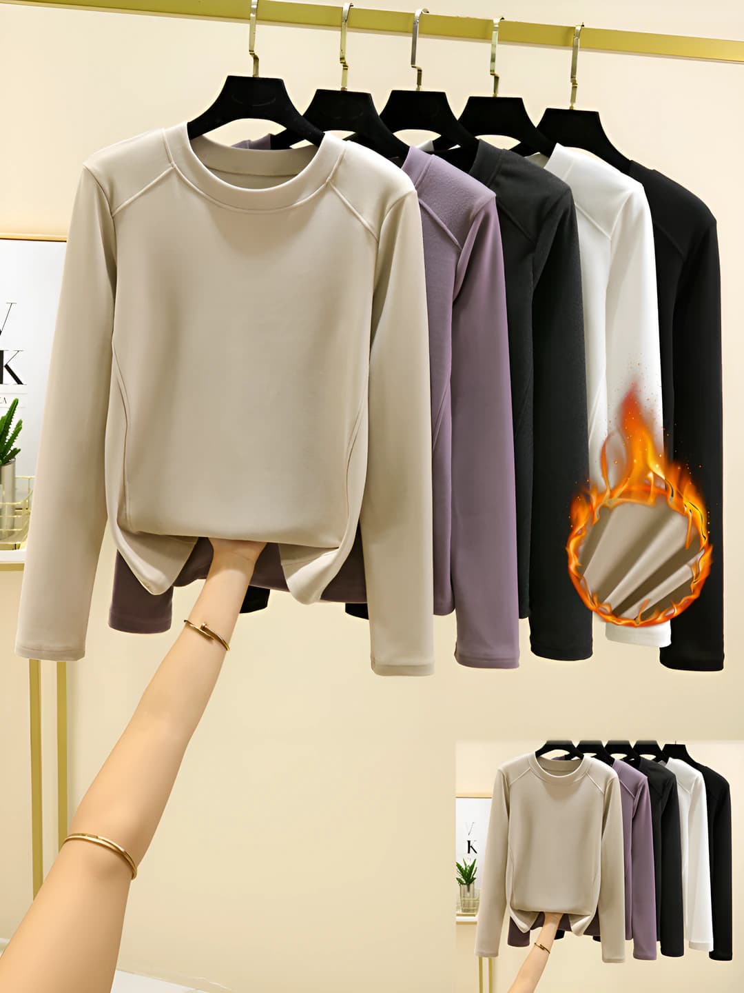 Women's fleece-lined, thickened, slimming, slim fit, crew neck, long sleeve, plus size long-sleeve base top