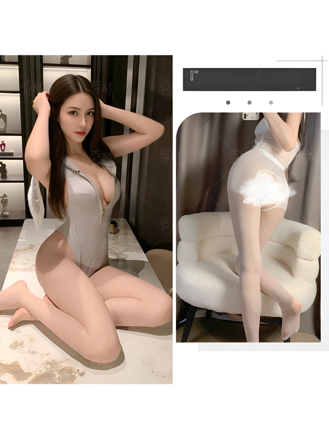 Bunny suit+White open-crotch
