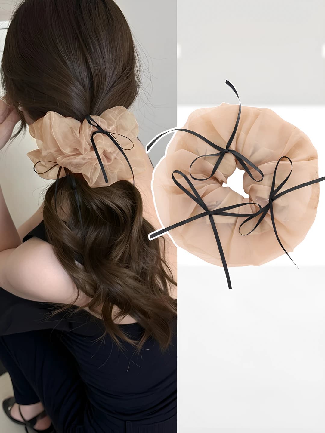 Women's Korean style stretch mesh bow scrunchie, high elasticity, handmade, mixed material, geometric design
