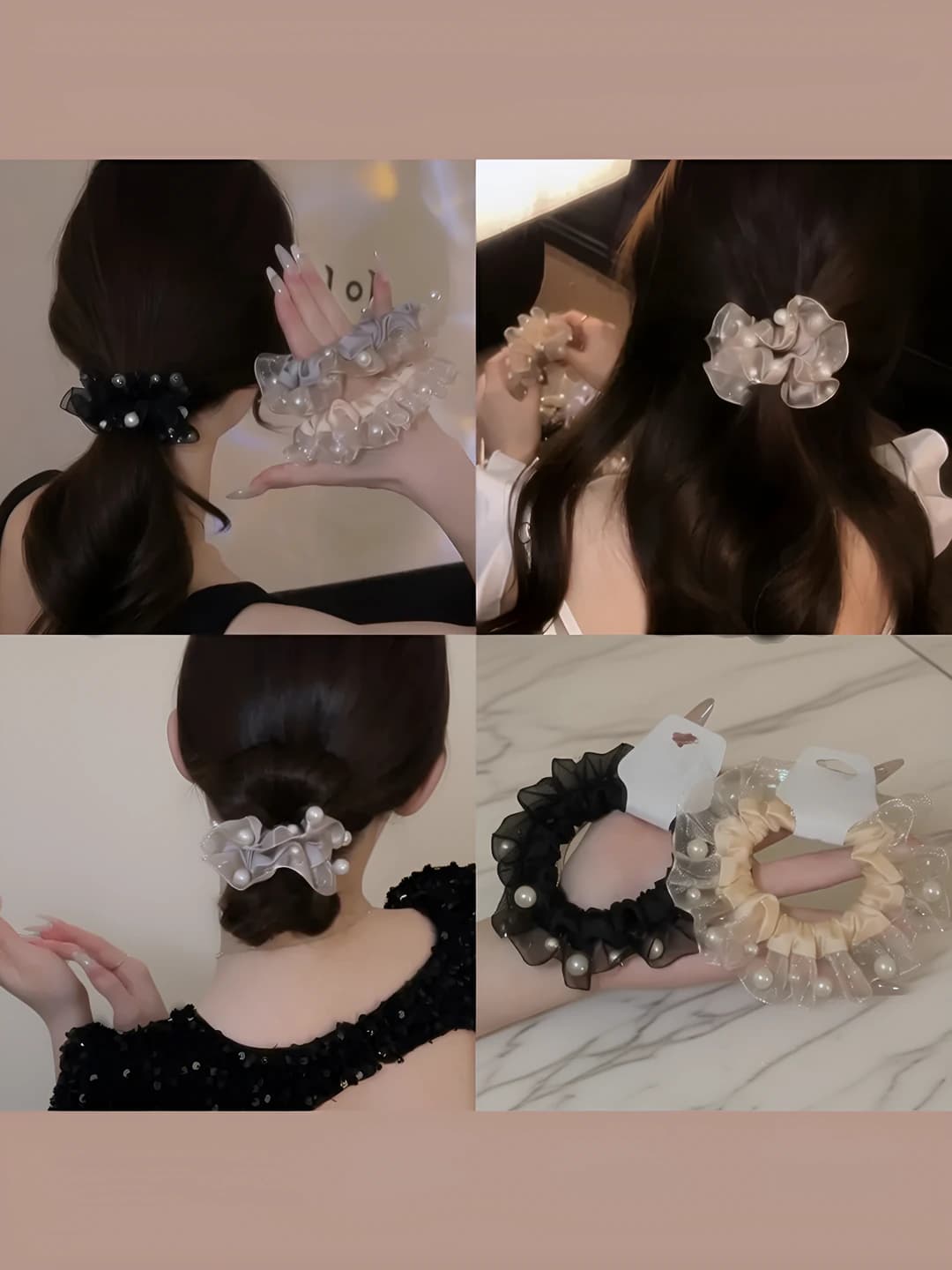 Women's stretch pearl ruffled hair scrunchie in Korean style