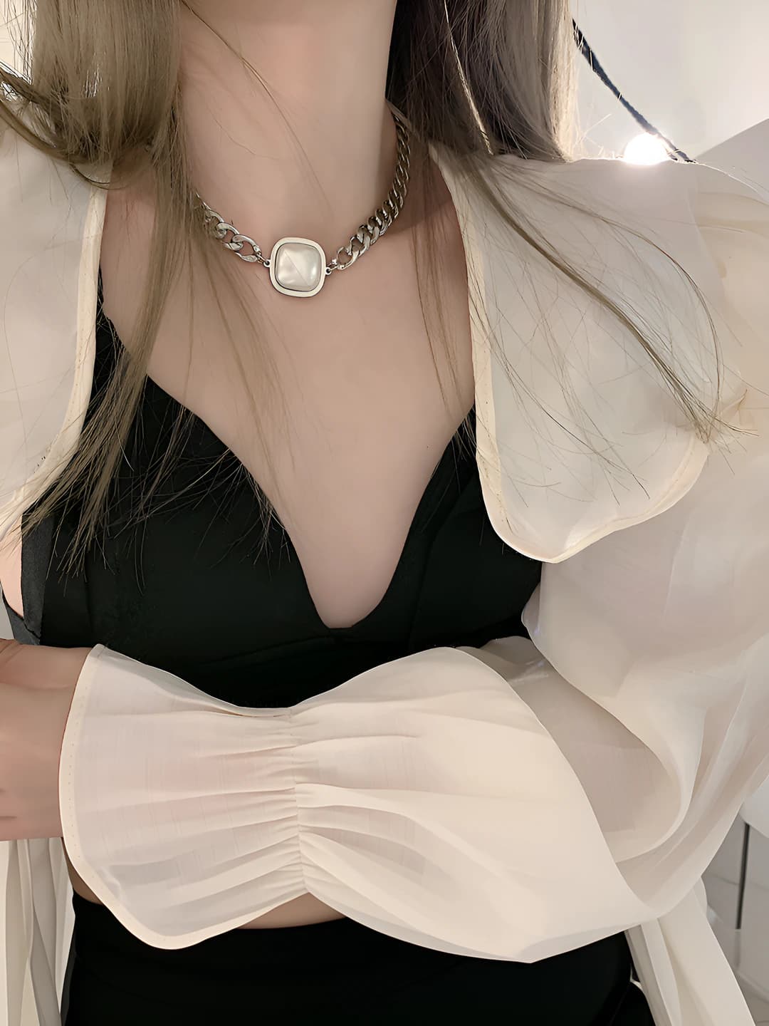 Square pearl titanium necklace [40+5CM]