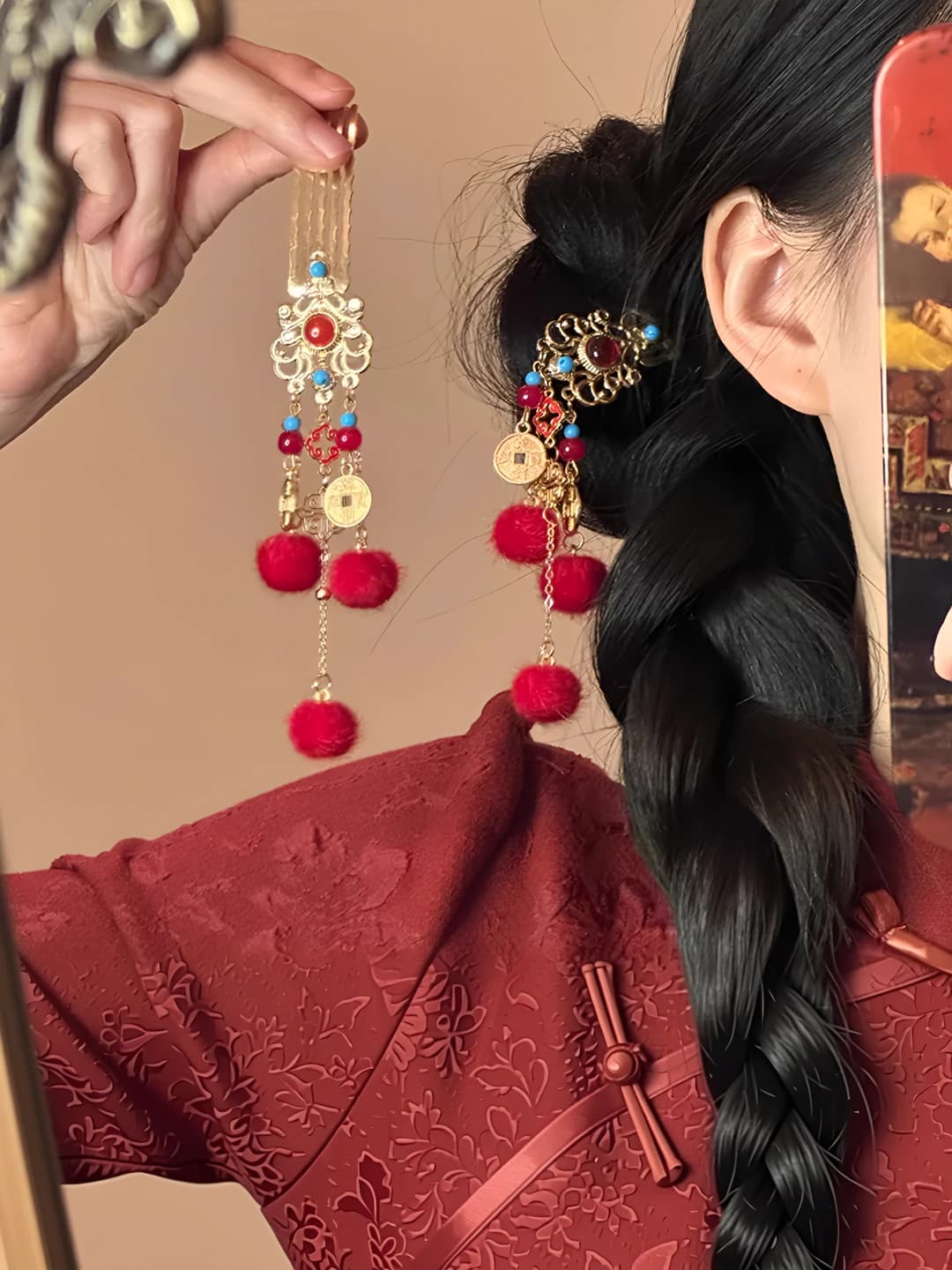 Women's hair clips and combs, red color, metal, retro style, flowers, pom-poms and tassels