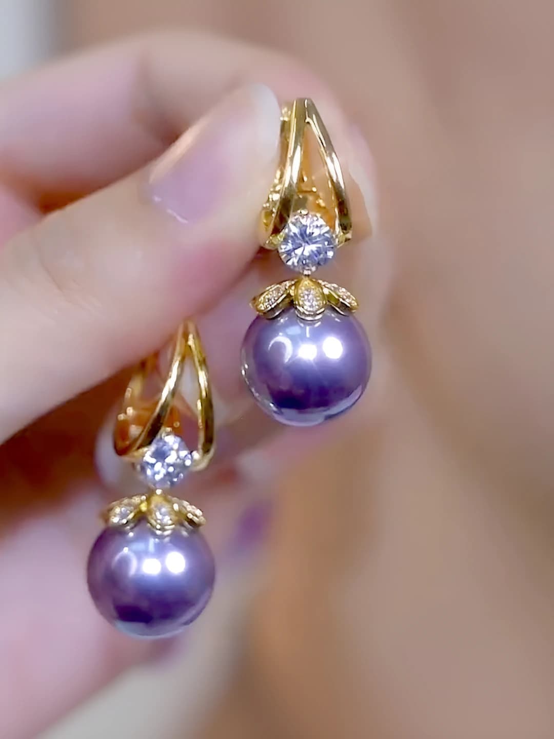 Diamond purple faux pearl earrings