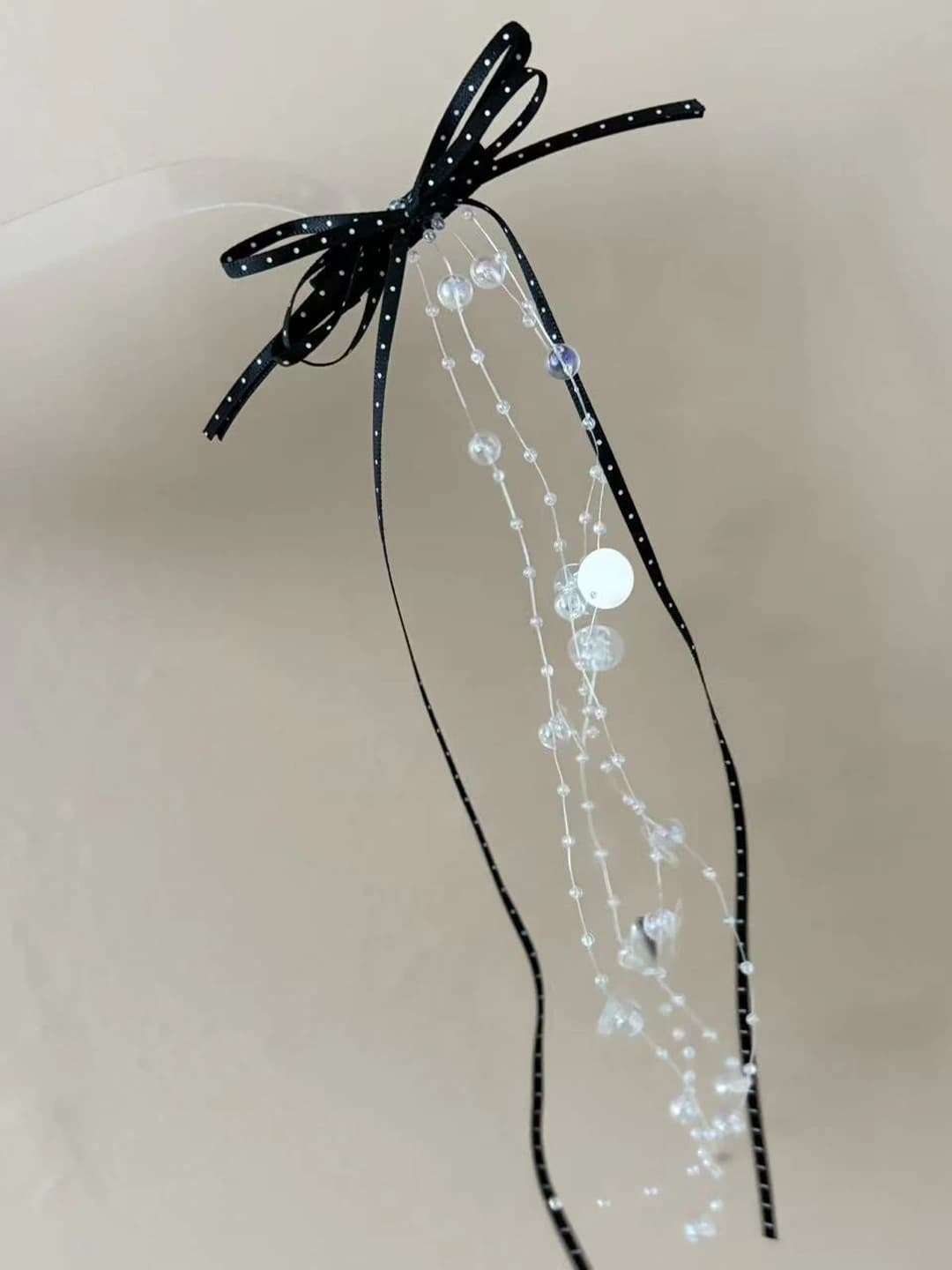 Black polka dot - beaded fringe side clip