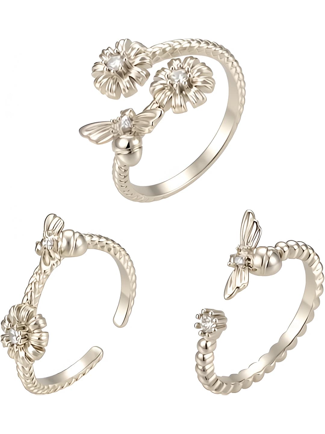 Women's 'Garden' daisy and bee zircon ring, open design, eco brass with gold plating, individual style