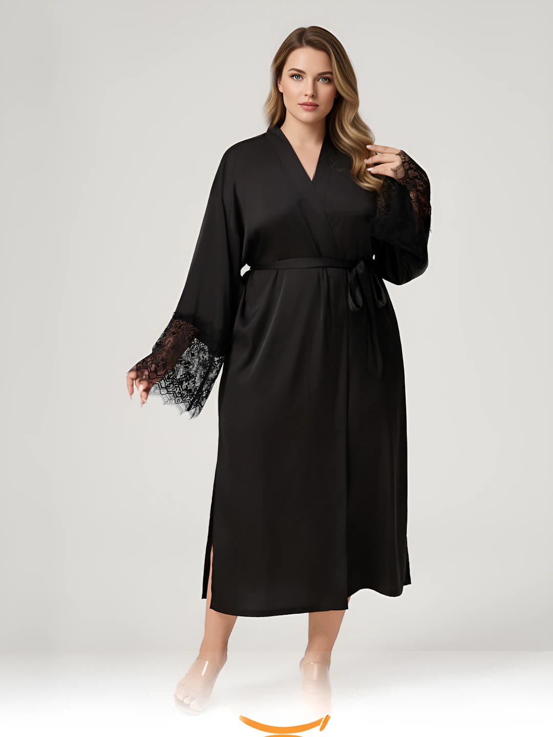 Women's satin chiffon house robe, spring-autumn, lace, long sleeve, plus size