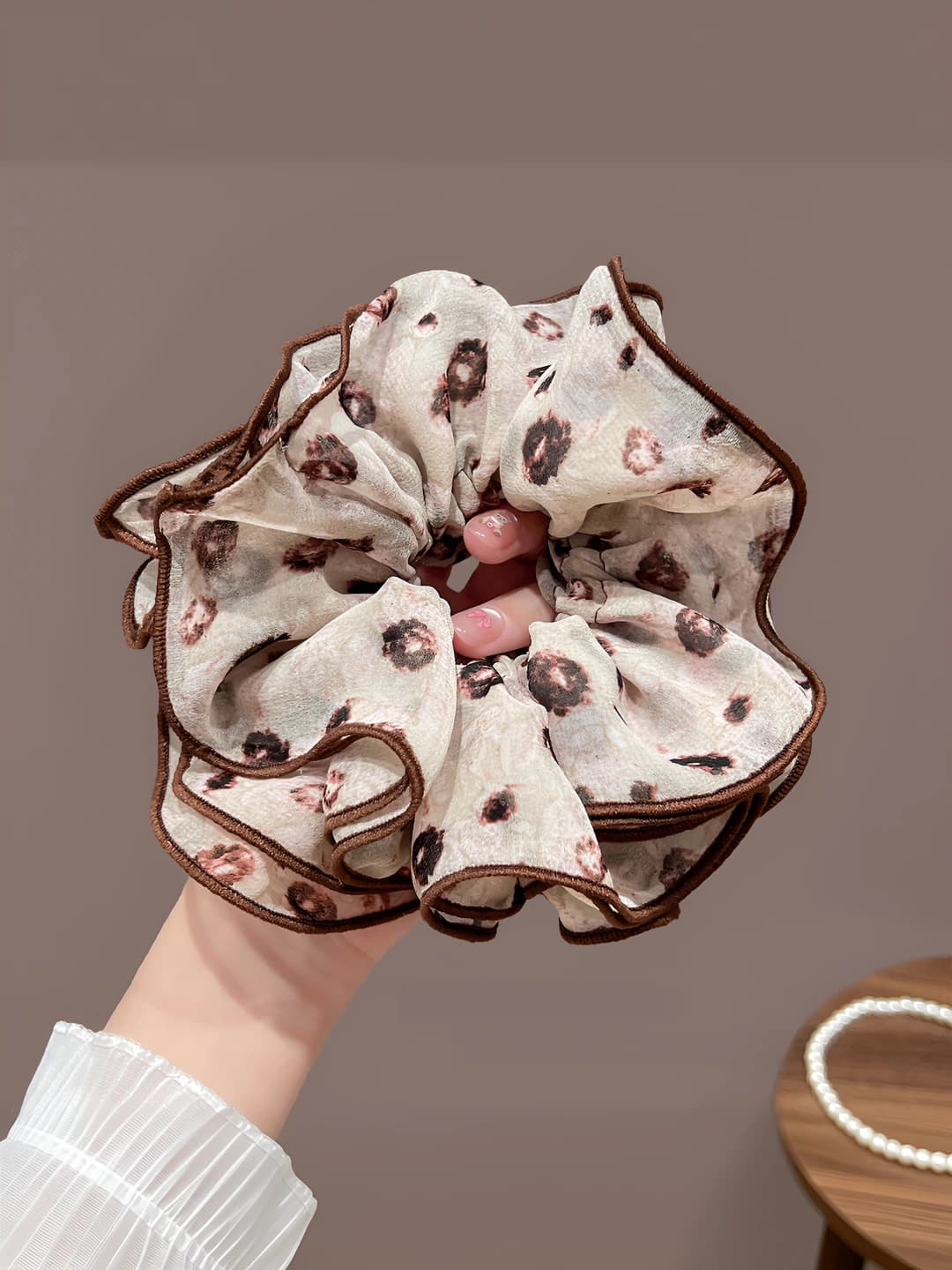 Coffee floral hair tie - 15 cm