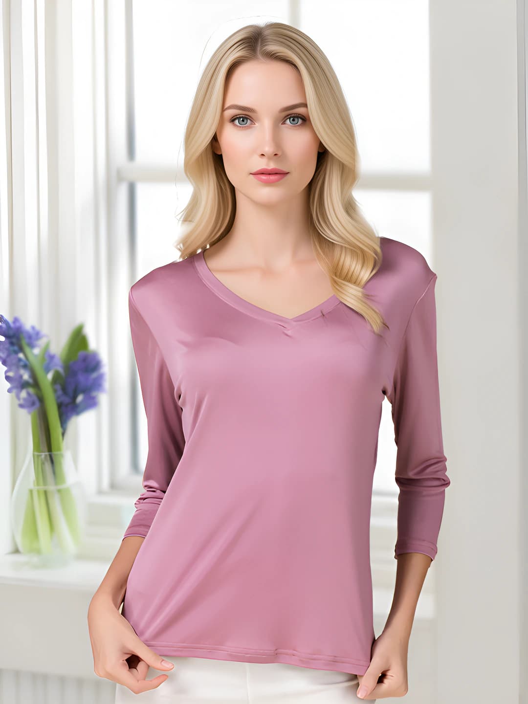 Women's autumn V-neck three-quarter sleeve long-sleeve base top, silk, solid colour, slim fit